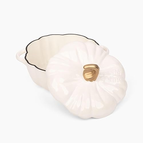 Miniatura 2 de Larder & Vine Horno holandés de hierro fundido esmaltado  Cacerola de calabaza blanca con tapa (3.9 cuartos de galón3.7L)