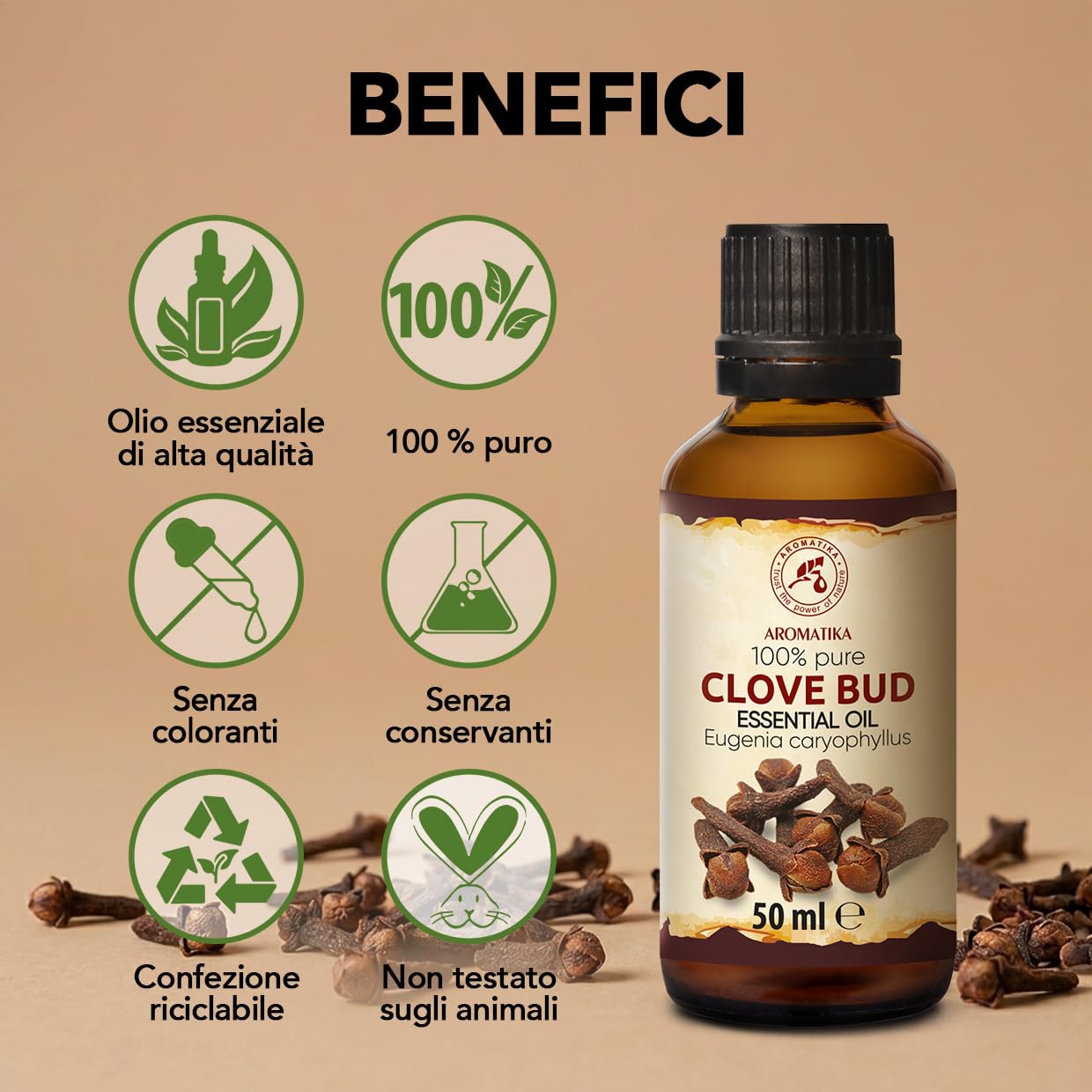Olio Essenziale di Chiodi di Garofano 50 ml - Eugenia Caryophyllus - Naturale e Puro - Olio essenziali per Diffusori - Aroma per la Casa - Saponi e Candele - Profumo di lunga durata - Aromaterapia