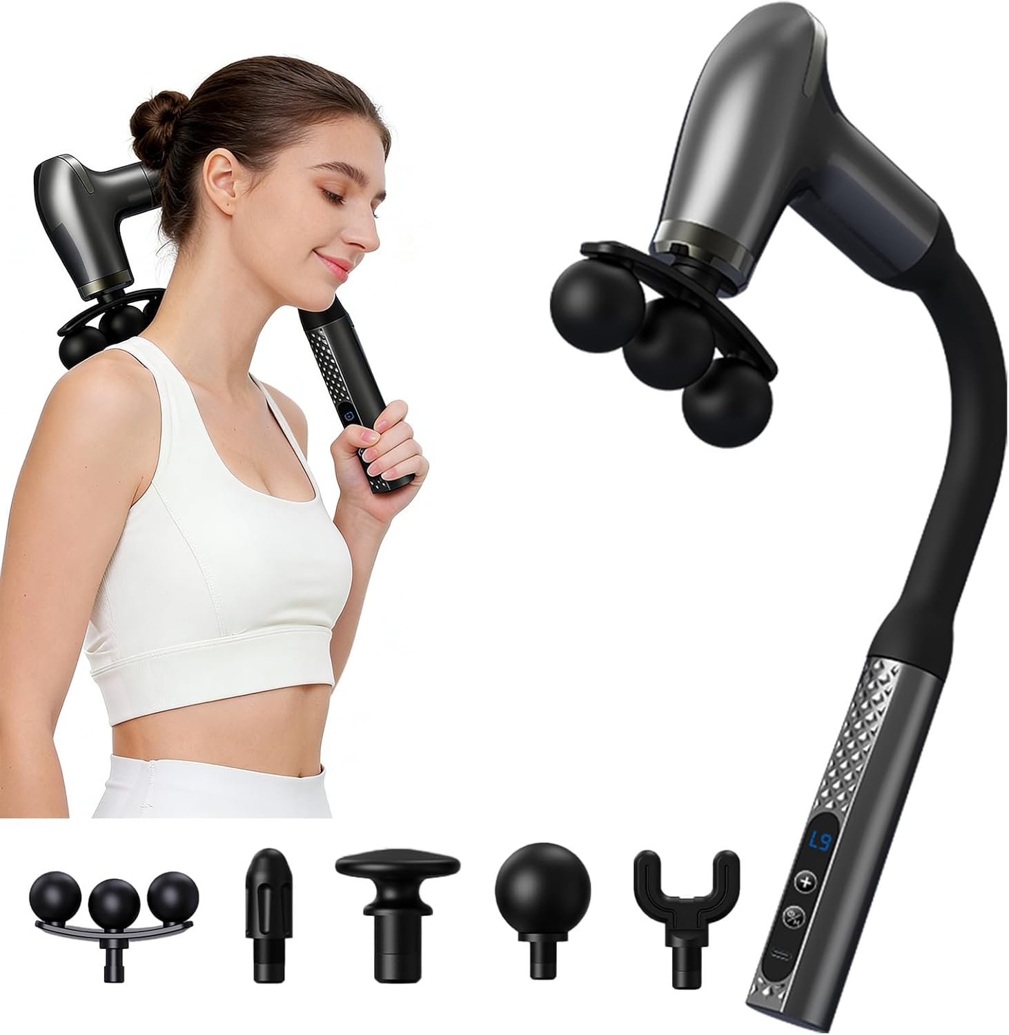 Massage Gun with Extension Handle & 3-Ball Head for Deep Tissue, Back Muscle Massager with Multi Head, Hand Helds Massager for Legs, Foot, Body Muscle Pain Relief, Gift Choice (Black)
