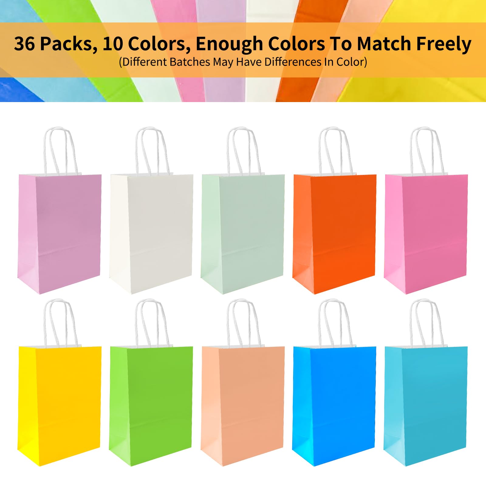 XEMGUE Confezione da 36 piccoli sacchetti regalo di carta con manici, 15,8 x 7,6 x 22,5 cm, 10 colori in carta kraft, per feste di compleanno, baby shower, artigianato, matrimoni, forniture per feste