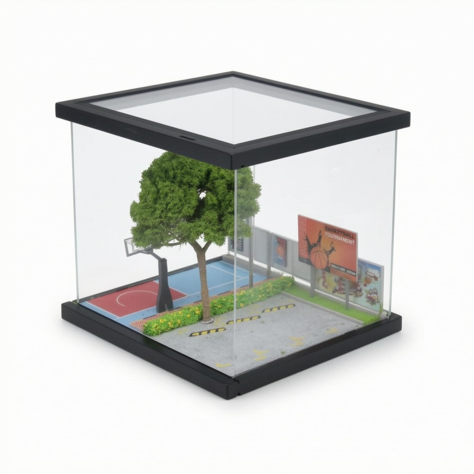 MagiDeal Diorama Strada in 1 64 Miniatura Ambientazione Cittadina Modello Scenico Vetrina Stradale con Copertura Trasparente Base Ebano Segnaletica Verde