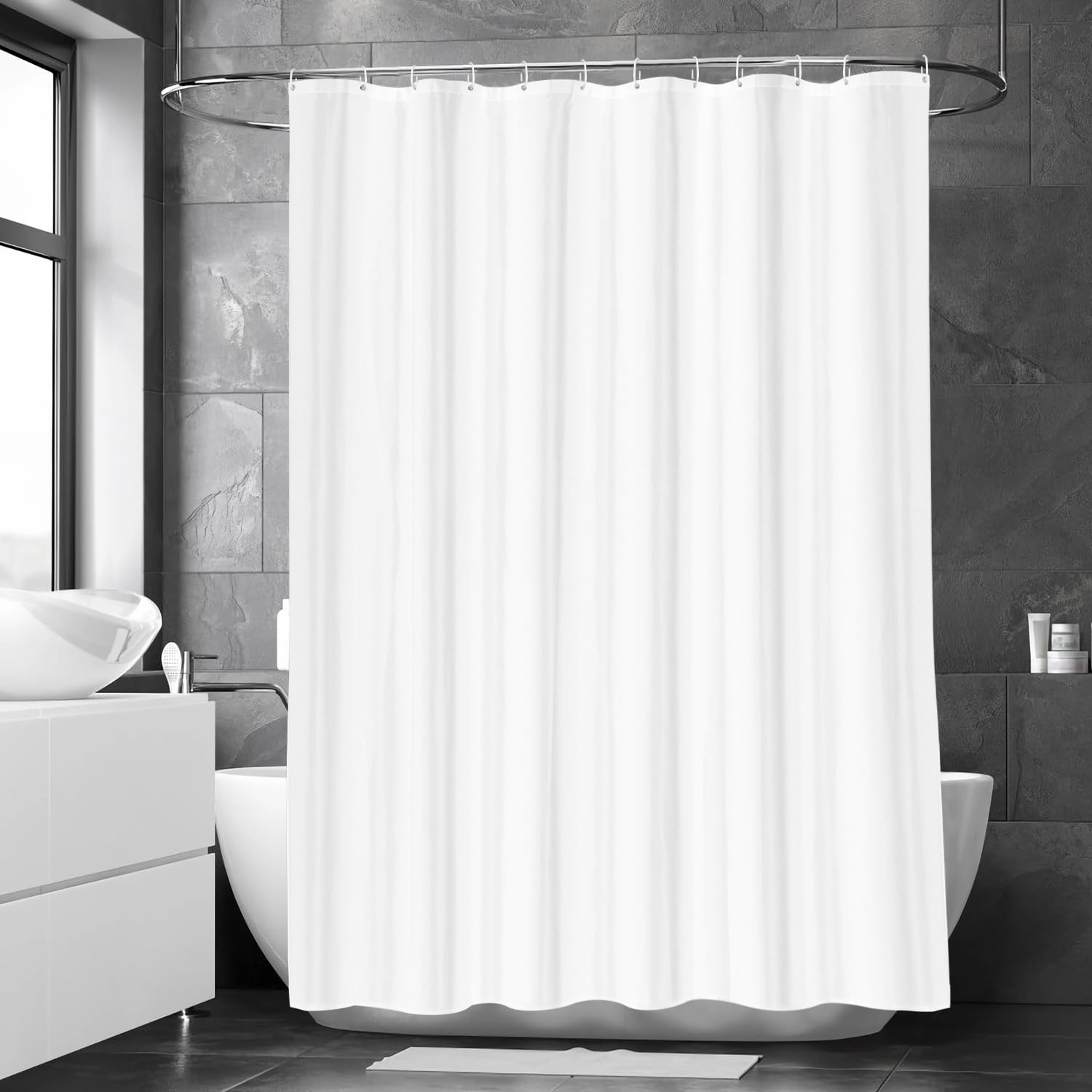 LUKDUNG 180 x 220 cm Polyester Textile Shower Curtain Anti-Mould for Bathroom, Curtain for Bathtub Shower Made of Fabric Waterproof Washable Shower Curtain with 12 Hooks White
