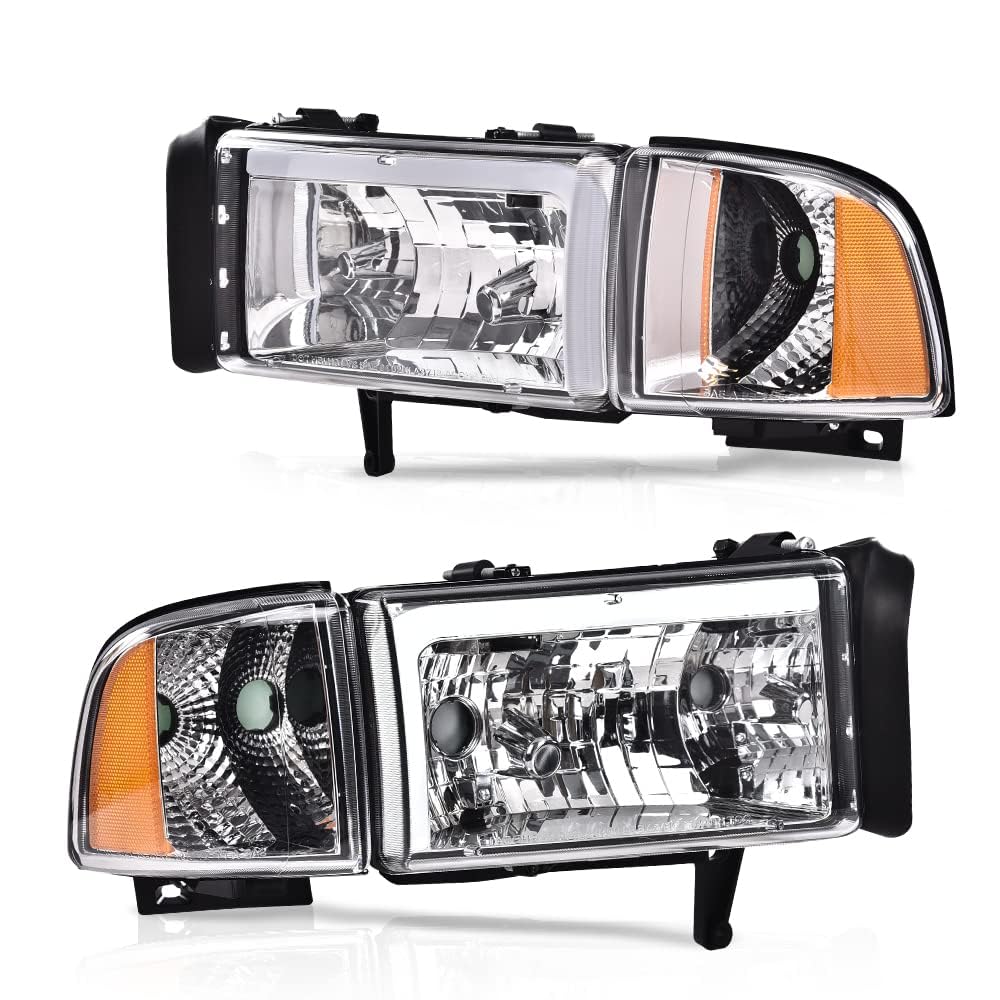 GRAND ORANGE LED DRL Headlights Assembly, Compatible with Dodge Ram 1500 2500 3500 1994-2002 Headlamps Clear lens Black Housing Clear Corner Headlamps