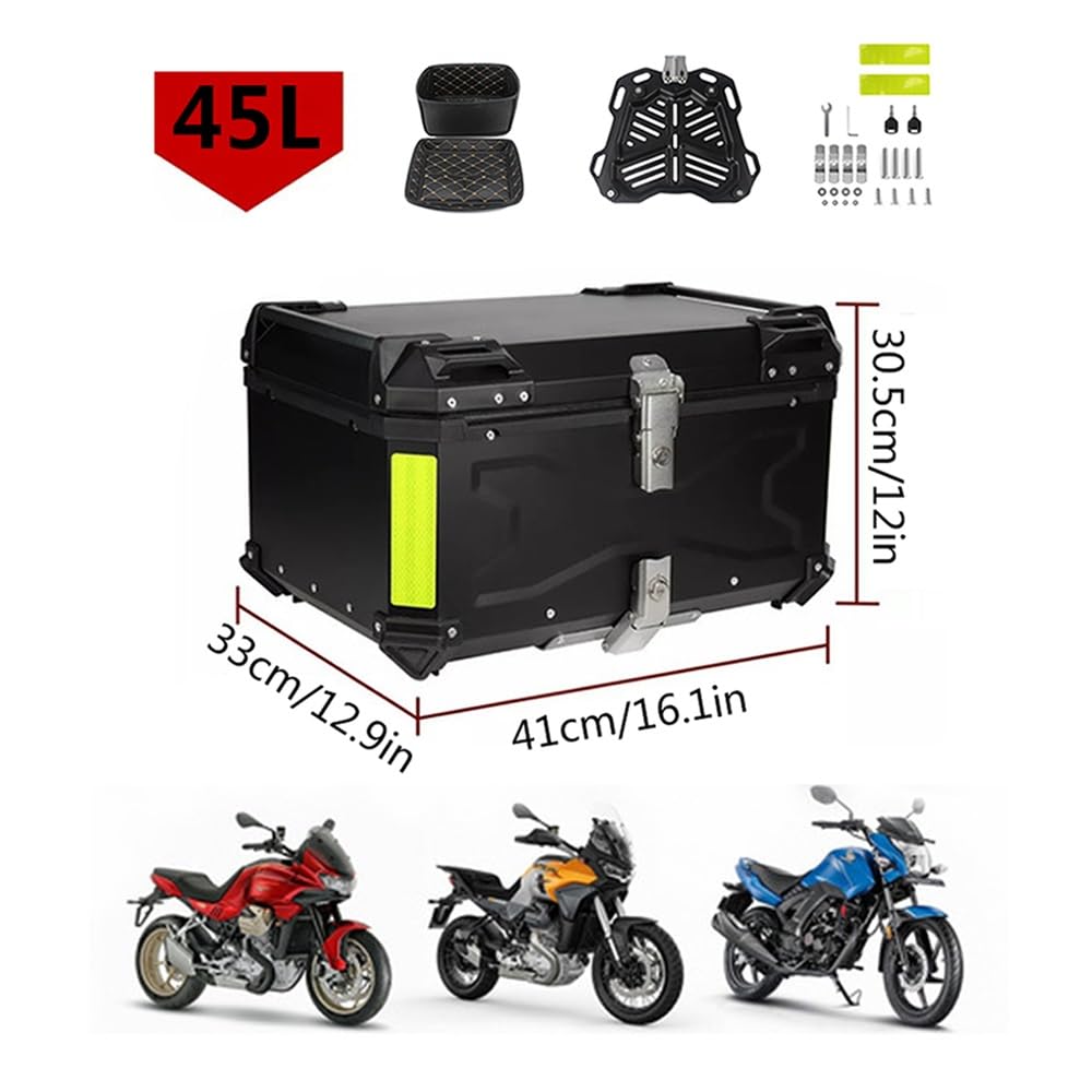 Coffre de Moto Aluminium Topcase Moto Étanche Scooter Moto Quad 36L 45L 55L 65L 80L 100L Valise Top Case avec Dossier Et Poignée(Noir,45L)