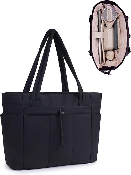 Torebka damska, 20 l, duża, pikowana, torba na zakupy z kieszenią na laptopa (15,6″) i uchwytem na napoje (1,18 l), idea