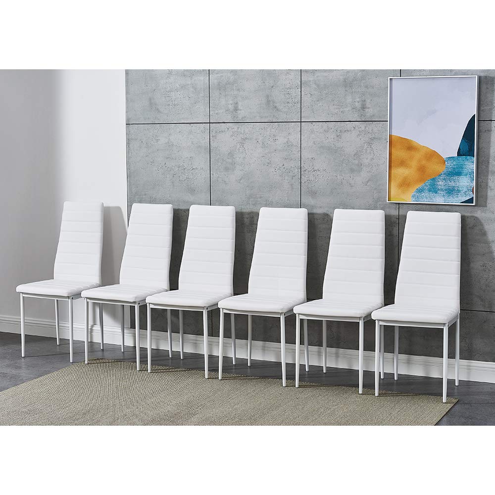 Panana Set of 6 Modern Dining Chairs Kitchen Chair Leather with Solid Metal Legs (6Chair, White)