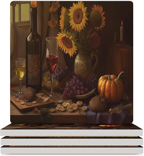 Miniatura 51 de Round-4 posavasos de cerámica para vino tinto, posavasos redondos absorbentes para bebidas, estilo vintage de madera, vino tinto, uvas, frutas y