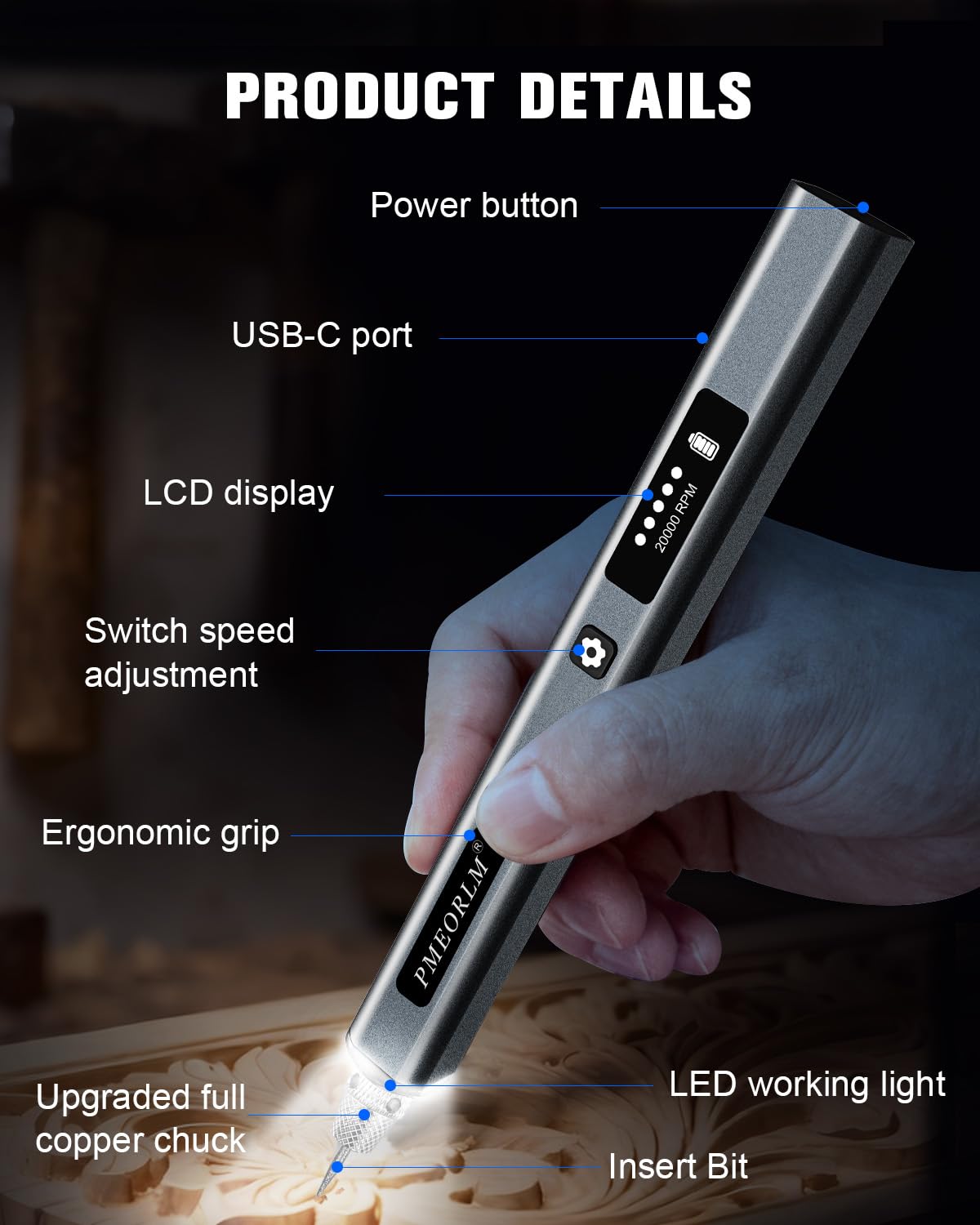 Penna per incisione, penna per incisione elettrica con display LCD, luce LED, 5 velocità, oltre 30 accessori e ricarica rapida USB-C strumento wireless portatile (grigio)