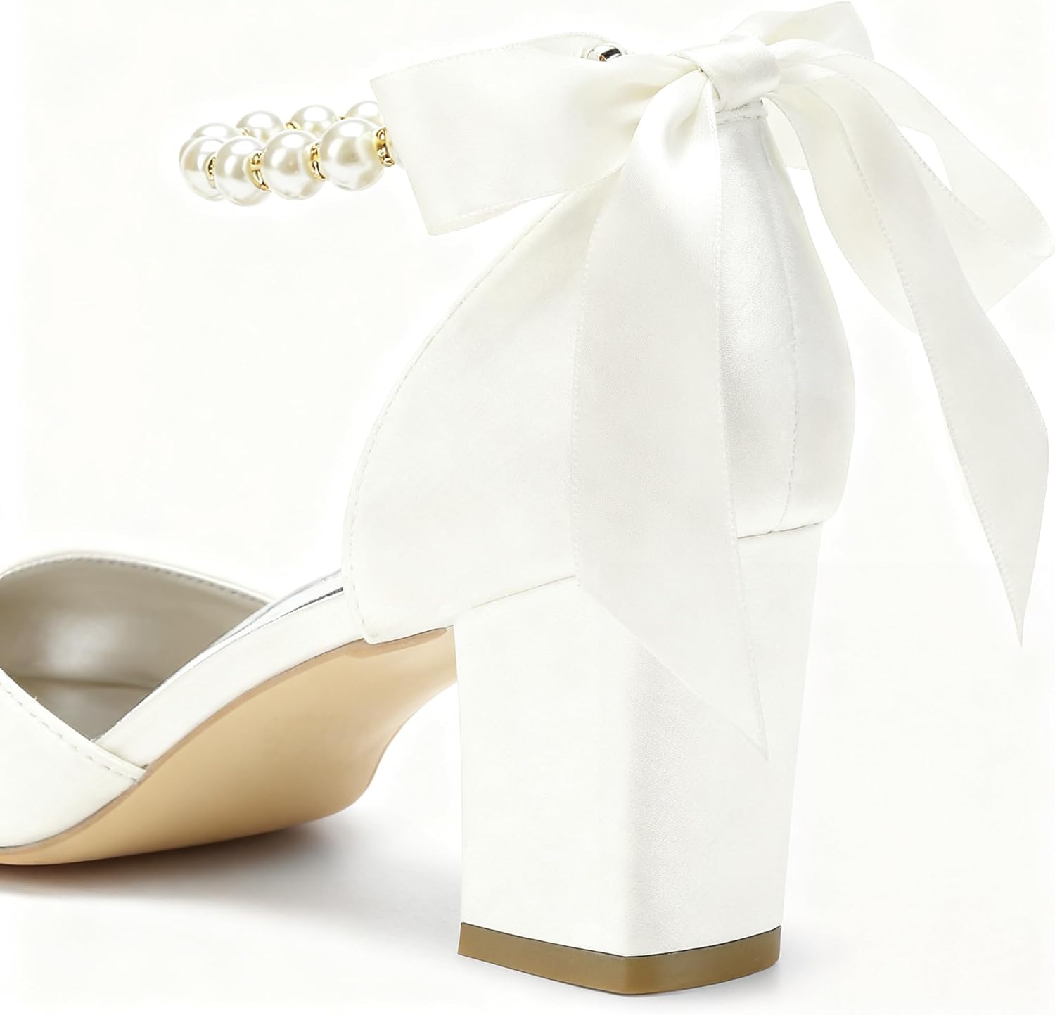 HKMFLYY Women's Pointed Toe Pearl Wedding Shoes for Bride Low Heels Satin Heels with Bow Bridal Shoes Chunky Block Heels Comfortable Dance Shoes Pumps - Image 6