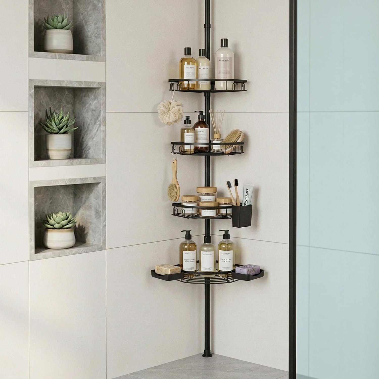 Adjustable Shower Caddy Tension Pole, 4-Tier Corner Bathroom Organizer with Soap Trays & Toothbrush Holder,43.5-120" Floor to Ceiling Shower Storage Rack, No-Drill Bathroom Accessories for Renters