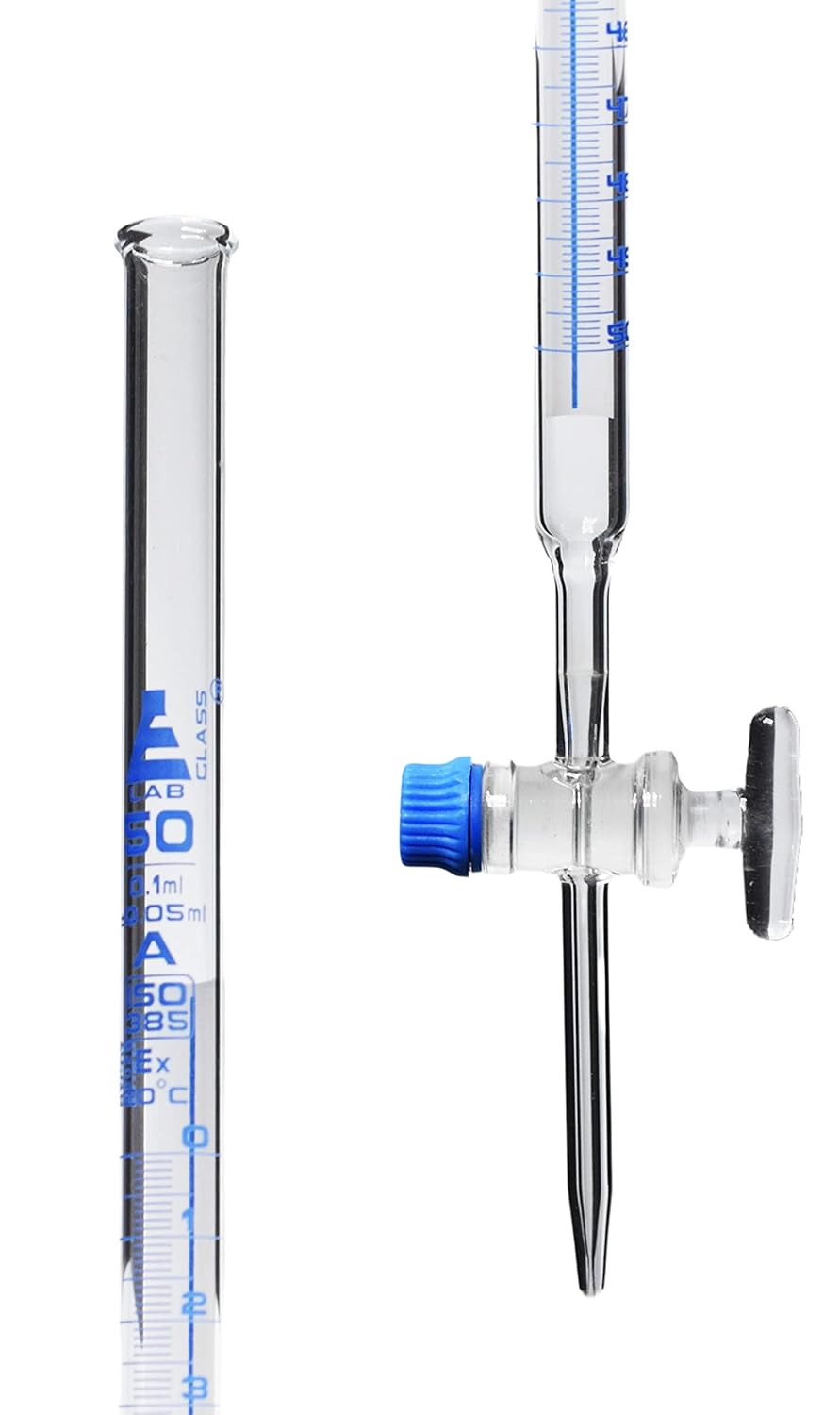 EISCO Lab Burette, 50mL - Schellbach Design for Accurate Miniscus Reading - Class A - 0.1mL Blue Graduations - Glass Stopcock - Borosilicate Glass Buret