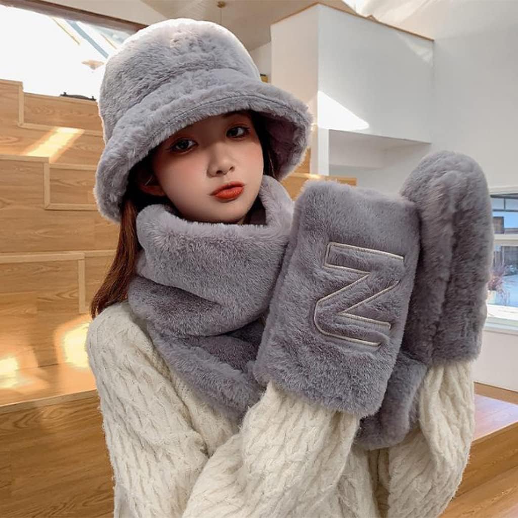 Scarf,Beanie Gloves Scarf Set Cute Bucket Hats For Teens Girls Fuzzy Bucket Hat Fisherman Hat Lady Winter Warm Scarf(Yellow)