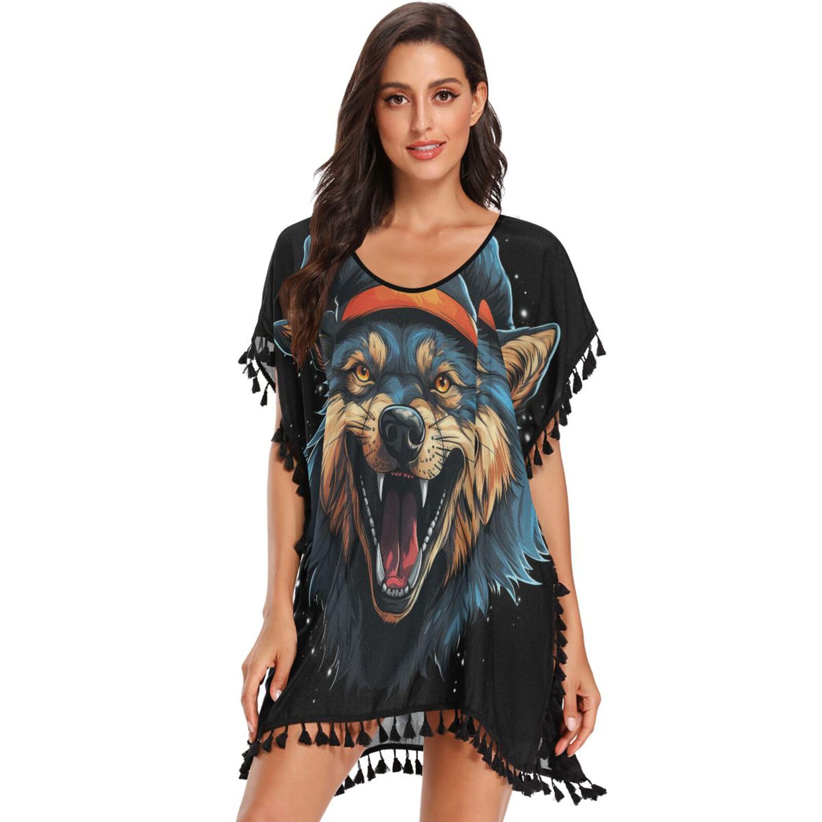 Christmas Style Cool Wolf Women's Beach Cover Up Chiffon Tassel Swimwear Swimsuit Coverups for Girl