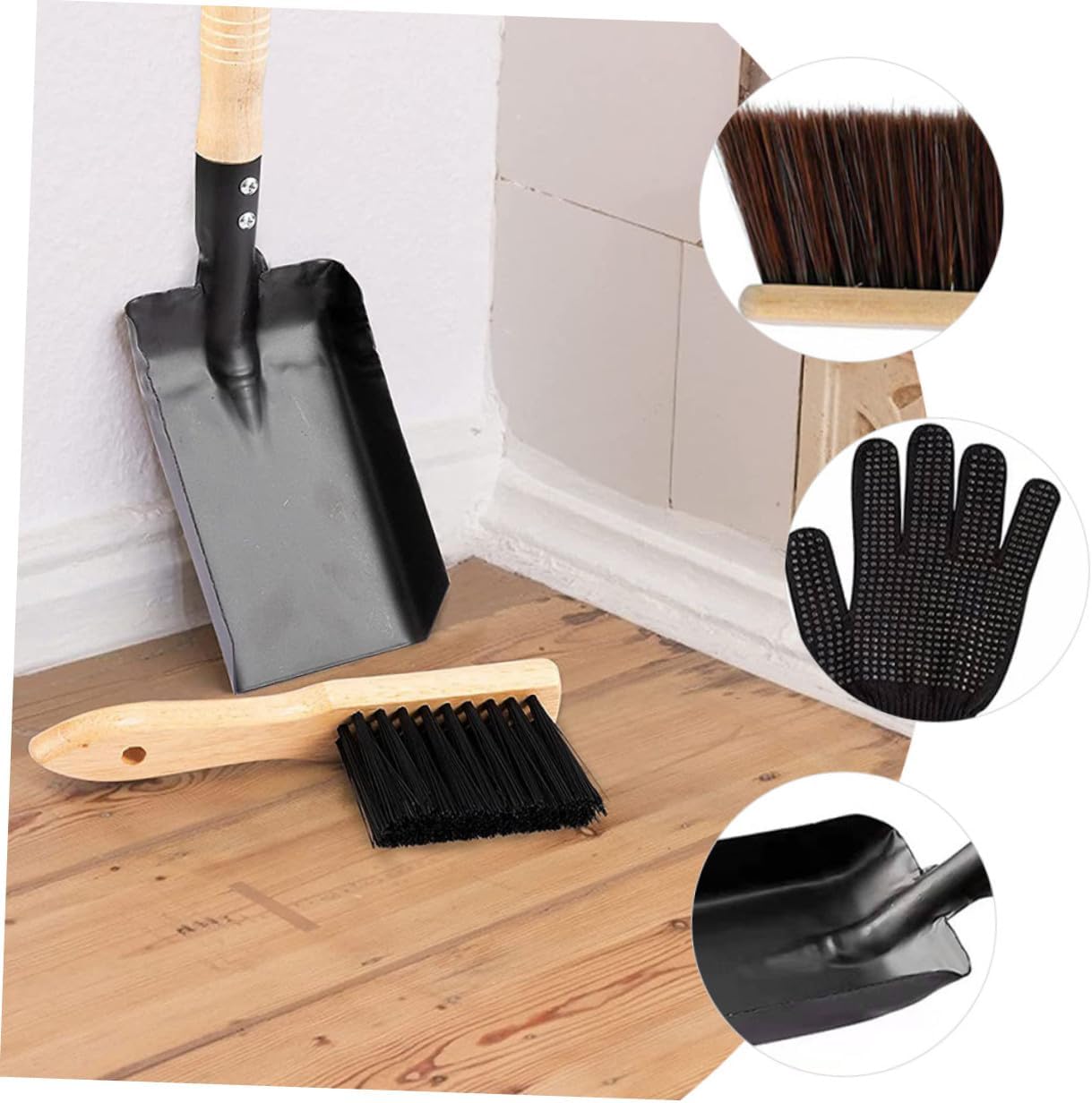 Fireplace Cleaning Set with Wood Handle Brush Multipurpose Ash Shovel and Heat-Resistant Silicone Gloves for Safe Efficient Fireplace and Wood Stove Maintenance