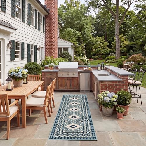 Safavieh VER099 Indoor & Outdoor Woven Polypropylene Rug, Polypropylene, Ivory/Blue, 2'3' x 6'