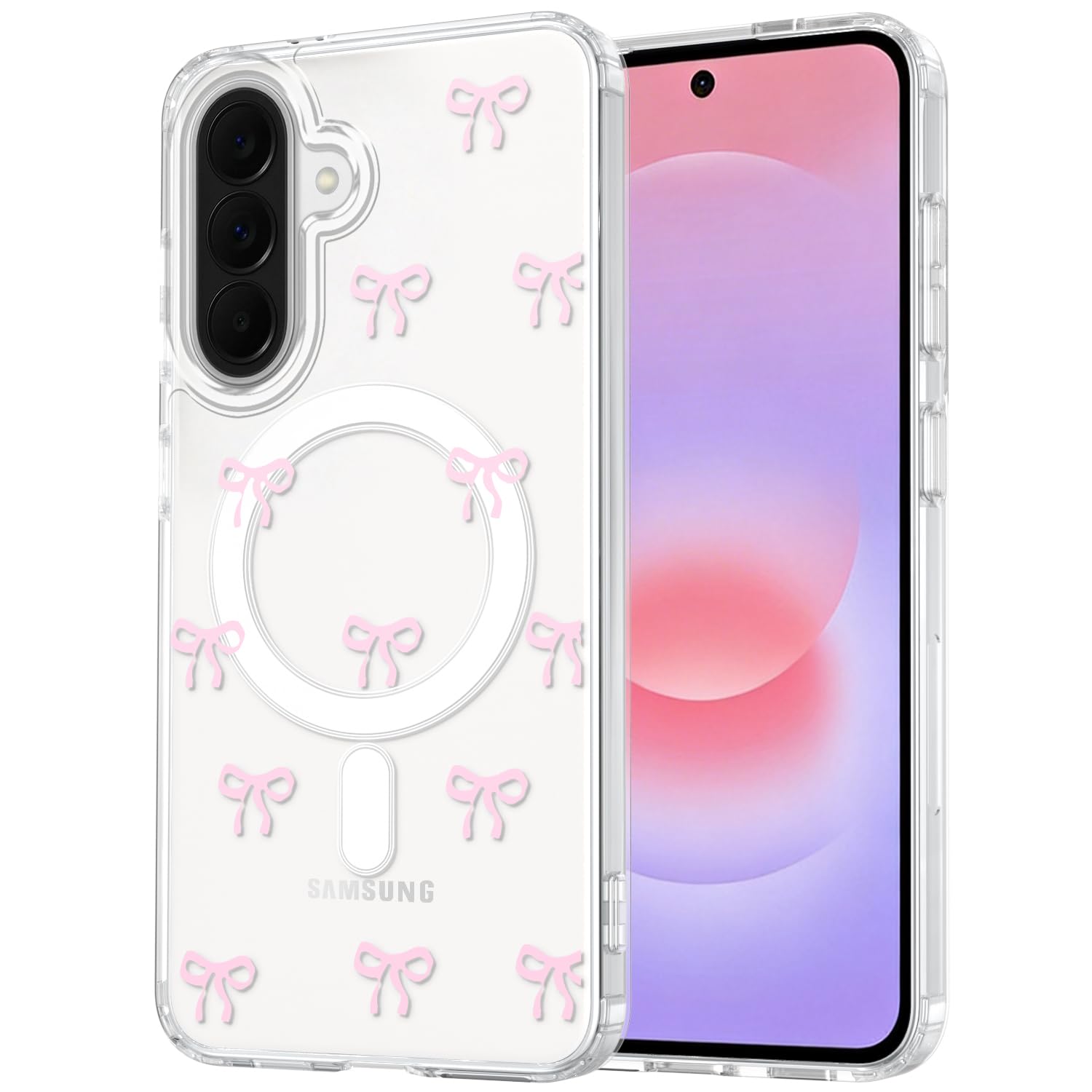 Magnetisch Hülle für Samsung Galaxy A27 5G mit Schleifen Muster, Rosa | Kompatibel mit MagSafe, Ultradünne Transparent Anti-Vergilbung, für Frauen Mädchen, Stoßfest Kratzfest, Hardschutz Rückseite