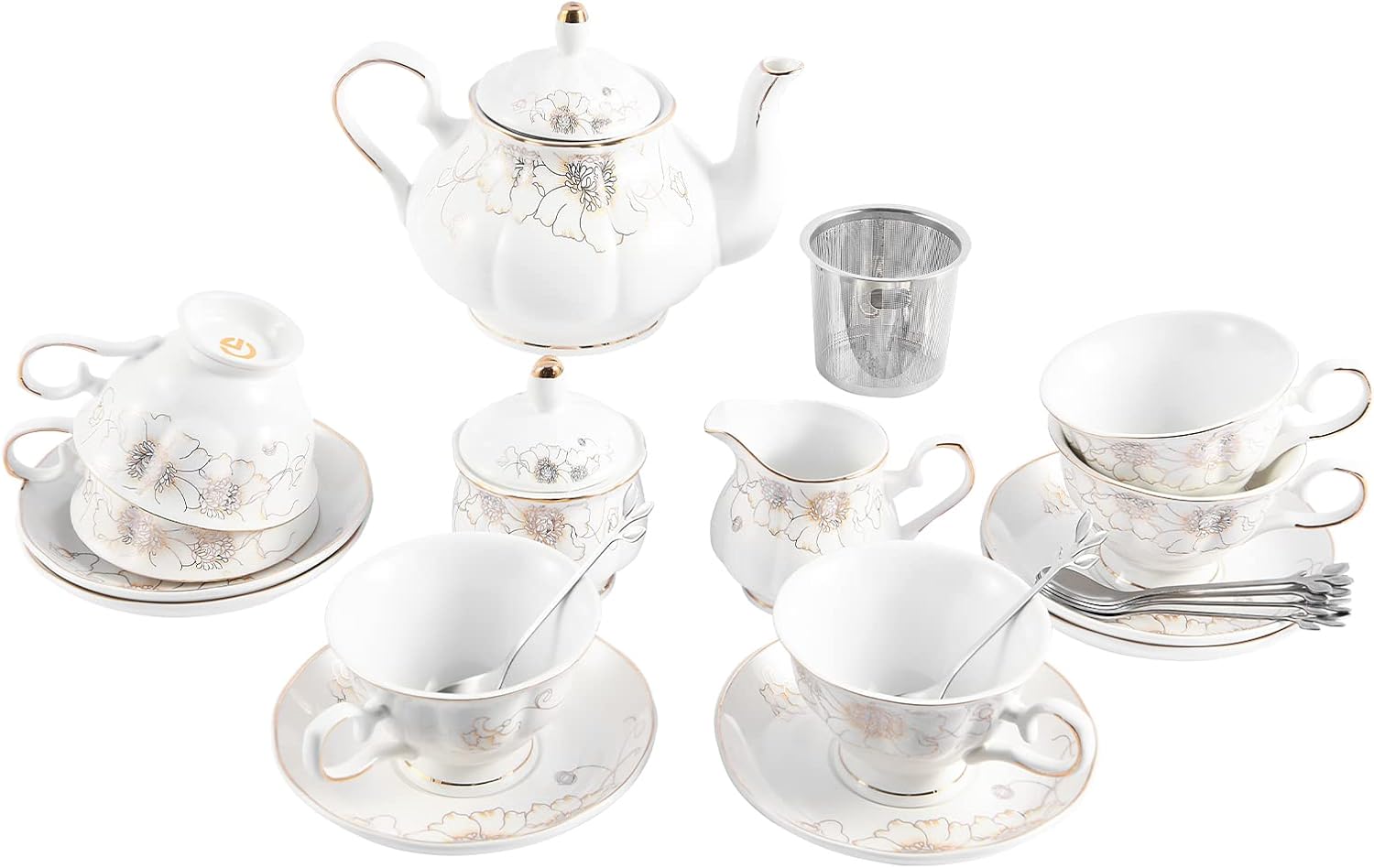 CHENP.HMC Porcelain Ceramic 22-Piece Tea Set, Teapot and Cup Set, 30.7 Ounces, for 6, Teapot Warmers Ceramic Teapot Warmer Coffee and Milk Tea Warmer Tea Set