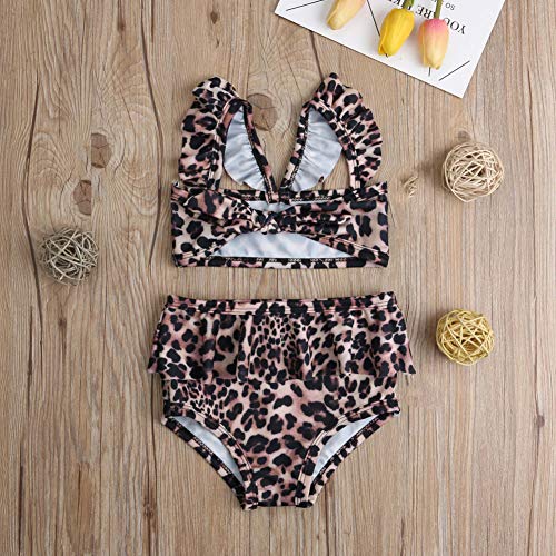 2Pcs Set Toddler Baby Girl Swimsuit Floral Leopard Ruffle Swimwear Bikini Tankini Sunsuit (A Leopard, 4-5T)