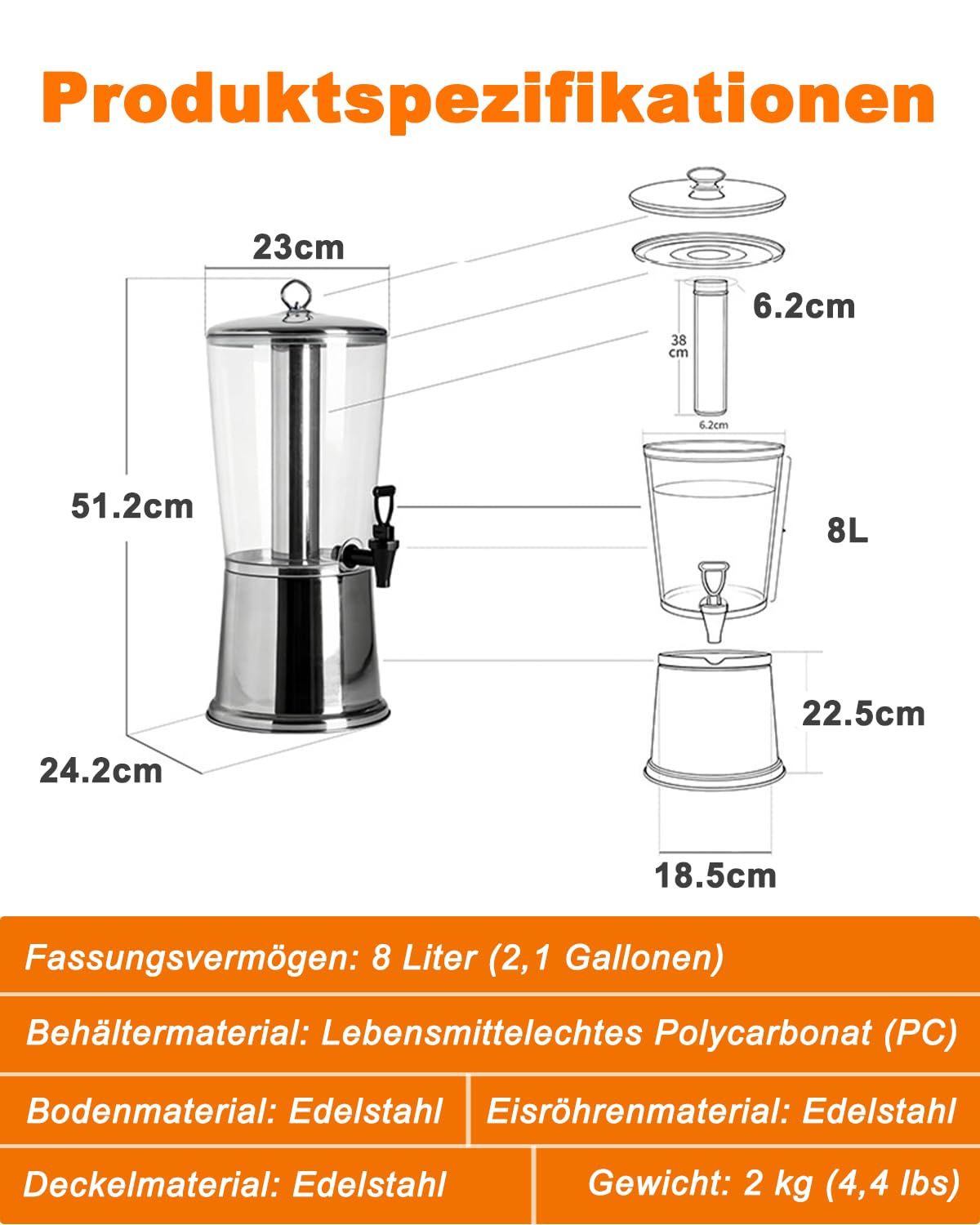 Biertower 8,0 Liter, Biersäule mit Zapfhahn und Ständer, Getränkespender mit Kühlung, für Limonade, Saft, Wasser, Getränke - Robuste Zapfsäule für Party, Grillen & Events Transparent/Silber