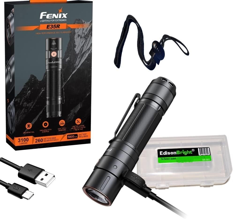Fenix E35R 3100 Lumen USB Rechargeable LED EDC Flashlight, Battery Battery Carry case Bundle