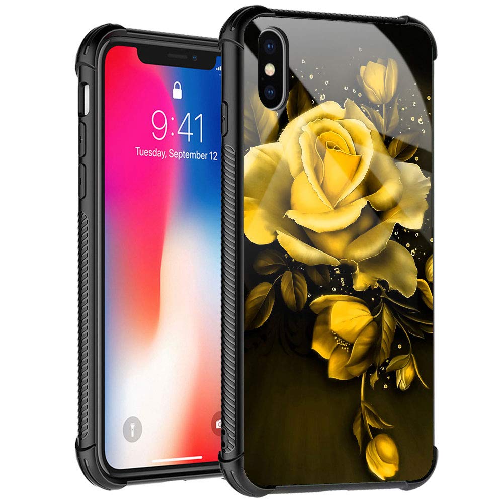 Amazon Com Iphone Xs Case Golden Rose Tempered Glass Iphone X Cases For Girls Women Pattern Design Shockproof Anti Scratch Case For Apple Iphone X Xs