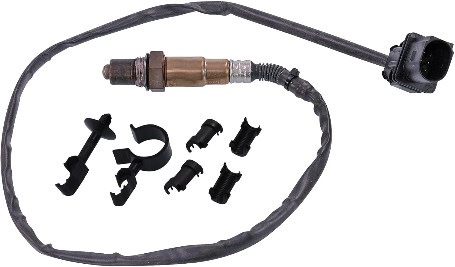 Close-up of Bosch Lambda Sensor 0258017178 with cable and mounting clips