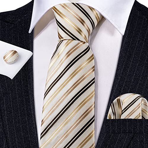 Image of Barry.Wang Tie Sets for Men Silk Stripe Necktie Woven Checkered Handkerchief Cufflinks Formal Business Wedding