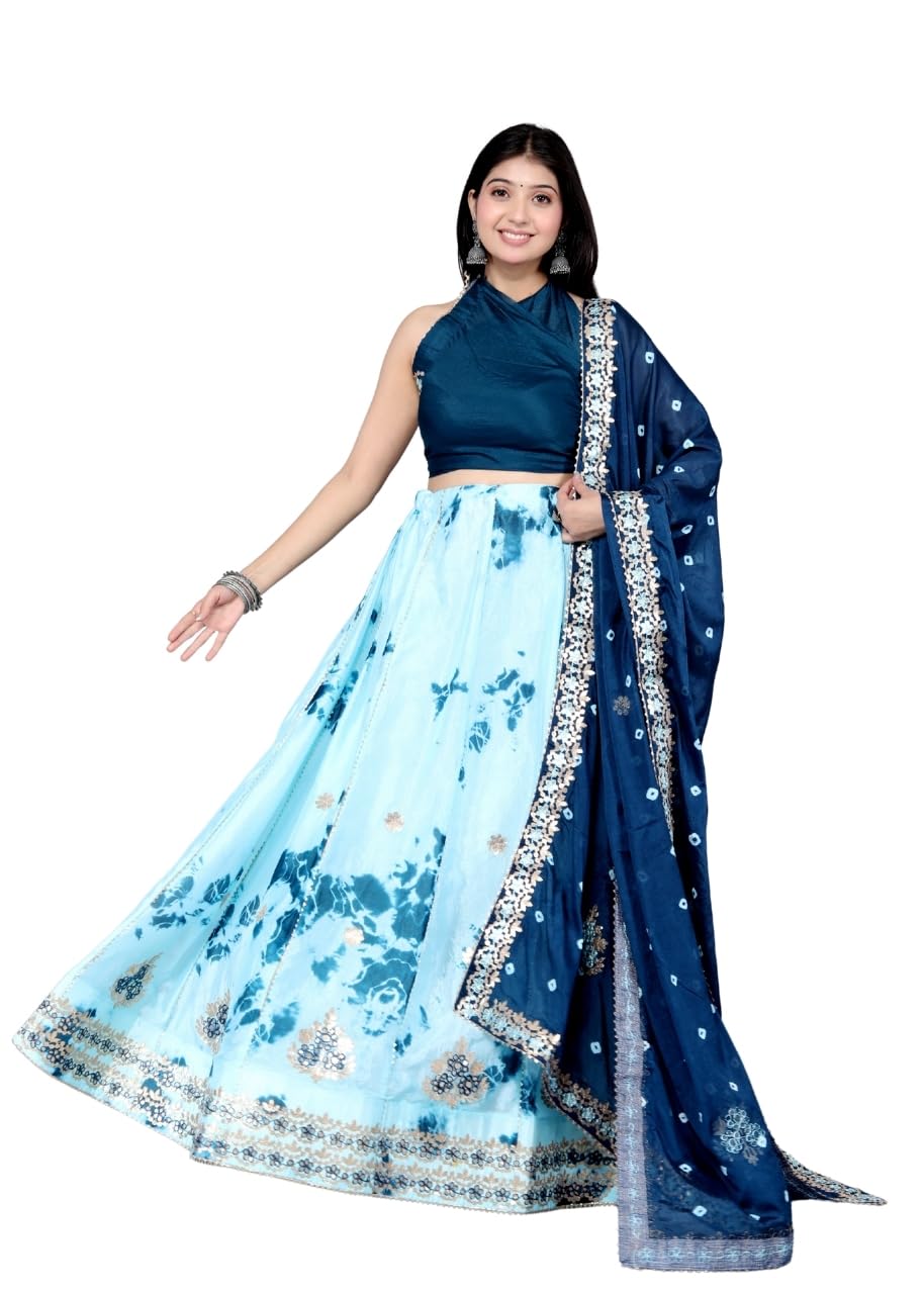 Traditional Rajasthani Lehenga Choli Set, Chinon Fabric with Aari Work, Navy Blue and Light Blue, Semi-Stitched-image-45