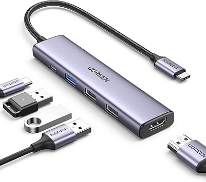 UGREEN USB C Hub, Revodok 5-in-1 USB Hub for Laptops, 4K HDMI to USB-C Adapter, 100W PD, 3 USB-A Data Ports, Aluminum Compact Multiport Adapter for MacBook Air/Pro, HP, Dell, iPad, Galaxy Dex
