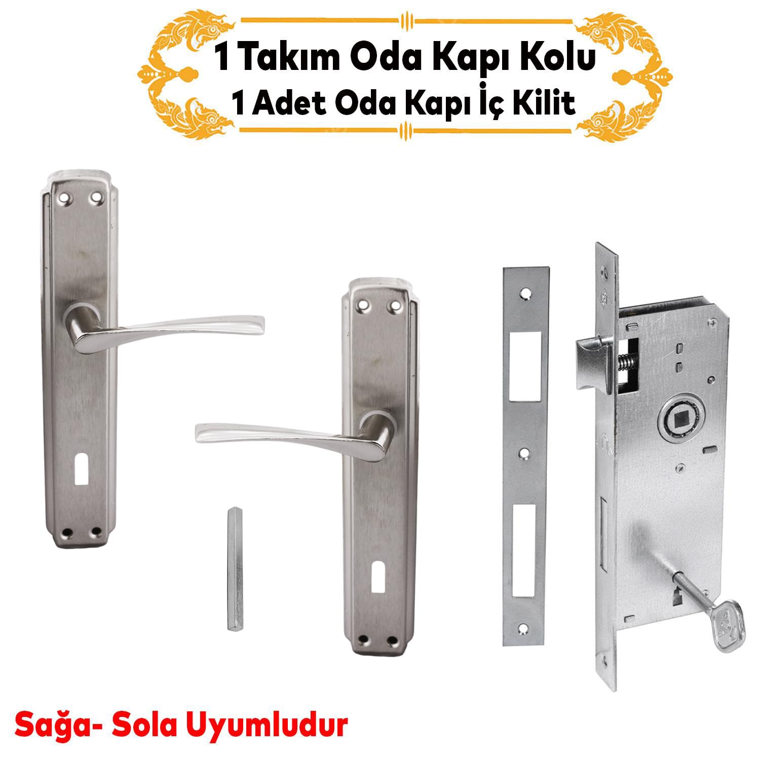 Kumru Nikel Saten Oda Kapı Kolu + Hok ER-40 Ekstra Gömme Kilit İç Kapı Oda Kilidi Rulmanlı Köşeli 40 mm Takım