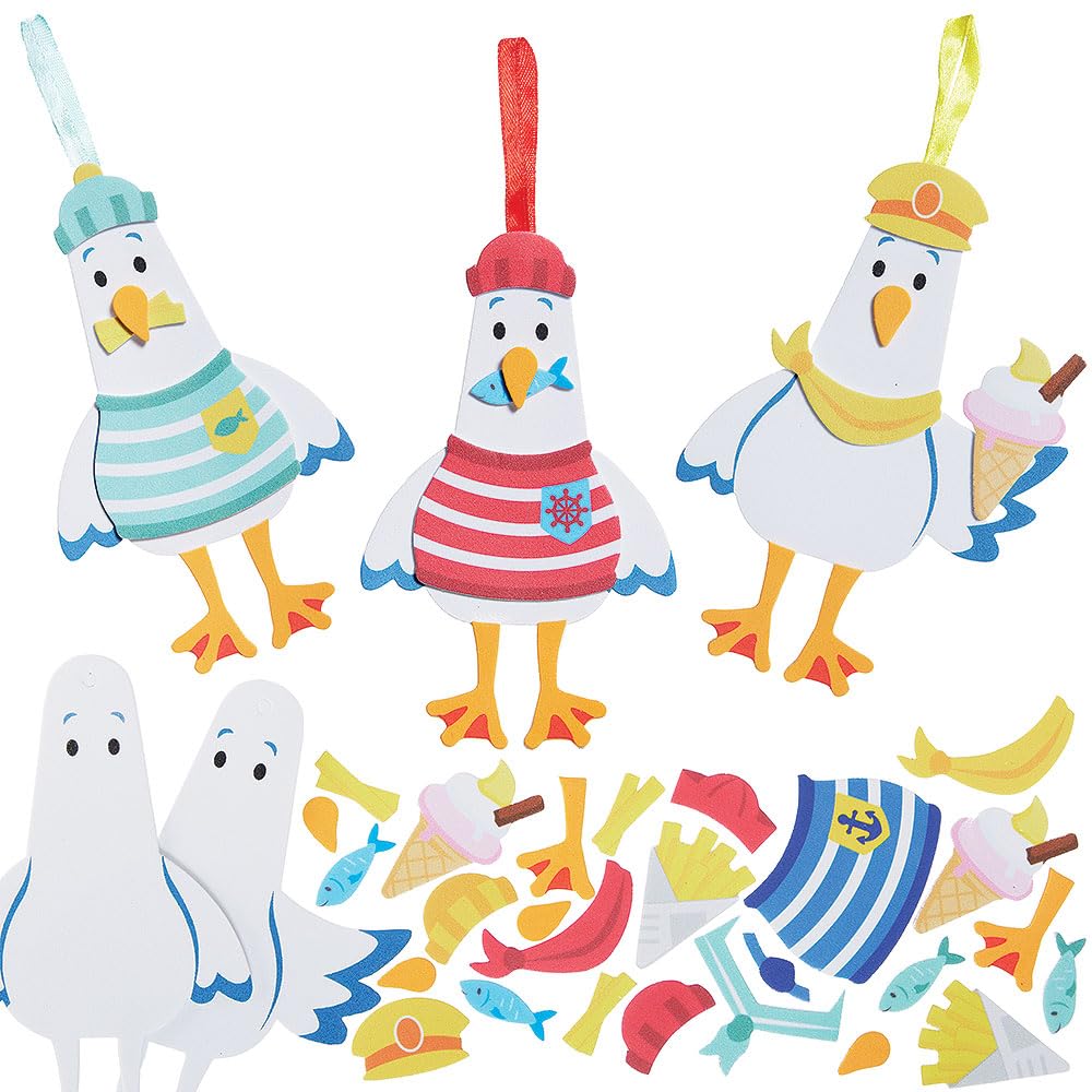 Baker Ross VC168 Seagull Mix & Match Decoration Kits - Pack of 8, Foam Seagull Hanging Crafts