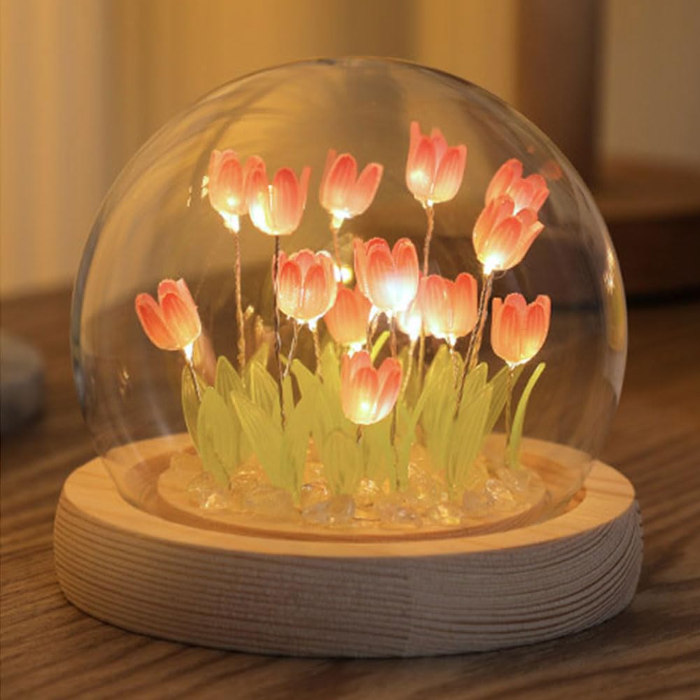Women's Pink Artificial Tulip Flower Night Light Bedside Lamp Led Night Lamp Table Lamp Bedroom Decor Christmas Birthday Gifts (Pink)