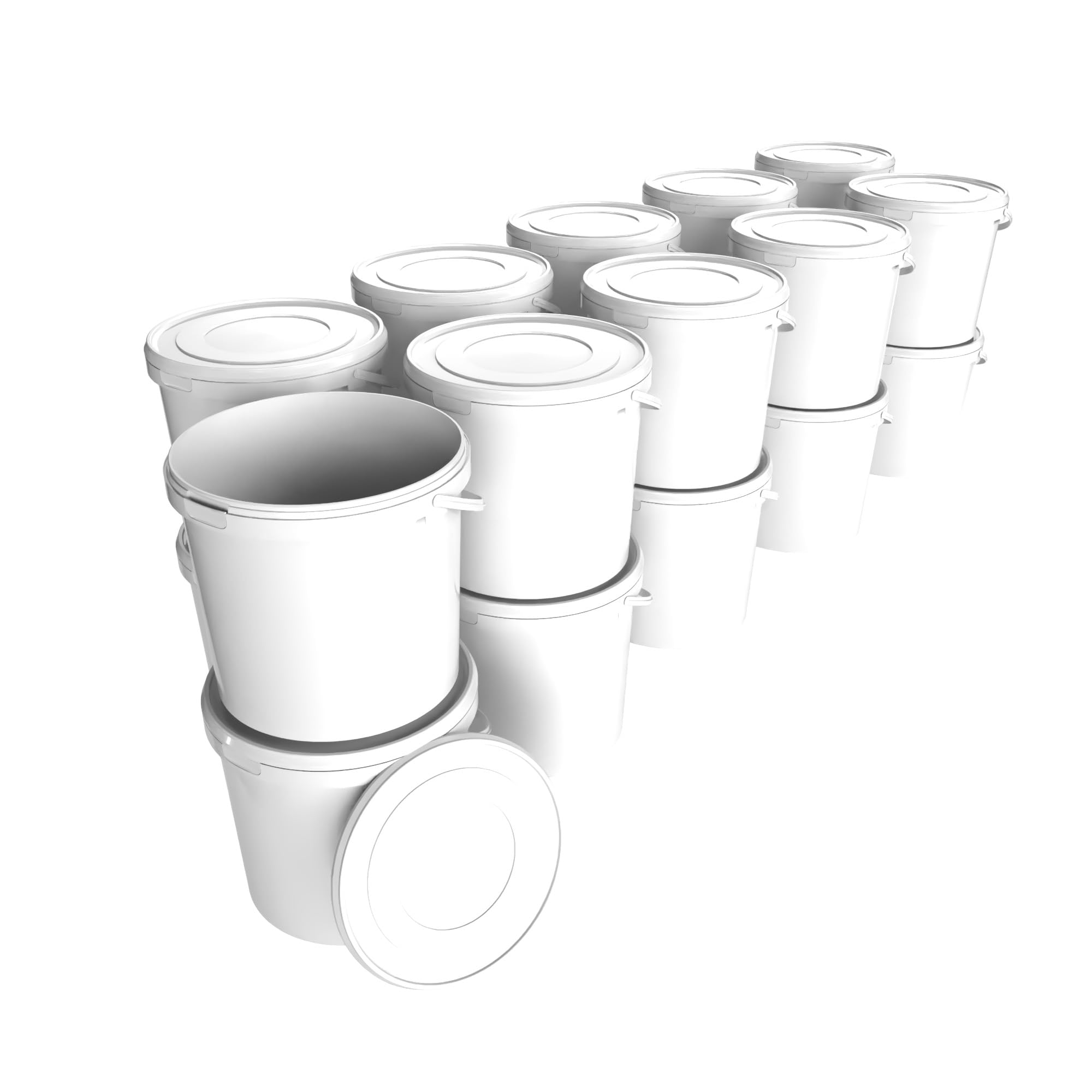 20 Cubos con tapa de 10 l blanco redondo | Cubos de plástico aptos para alimentos, herméticos y estables | Cubos vacíos con asa y tapa adecuados para alimentos, productos químicos, detergente en polvo