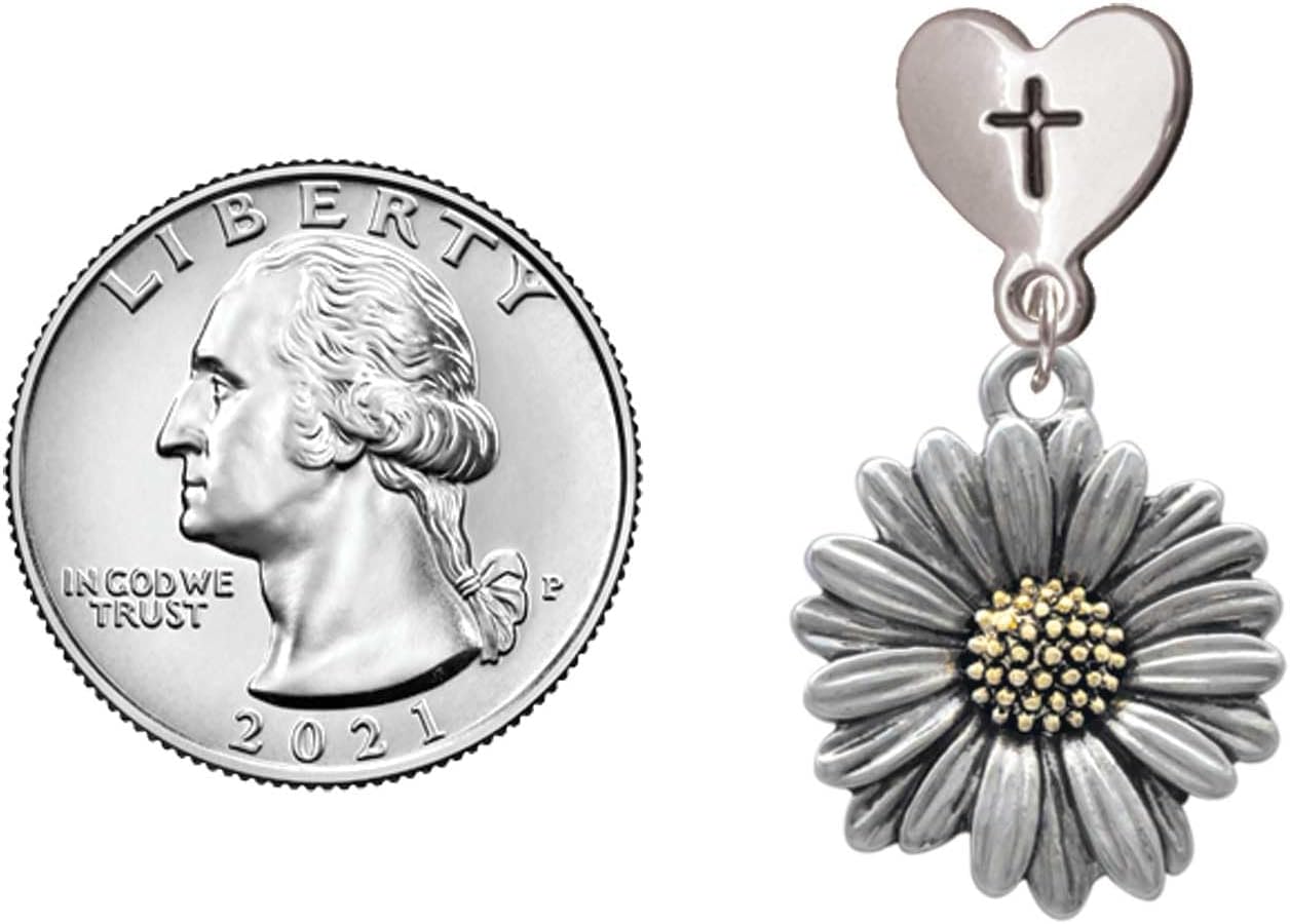 Delight Jewelry Two-tone Large Daisy Flower Goldtone Cross in Heart Post Dangle Earrings
