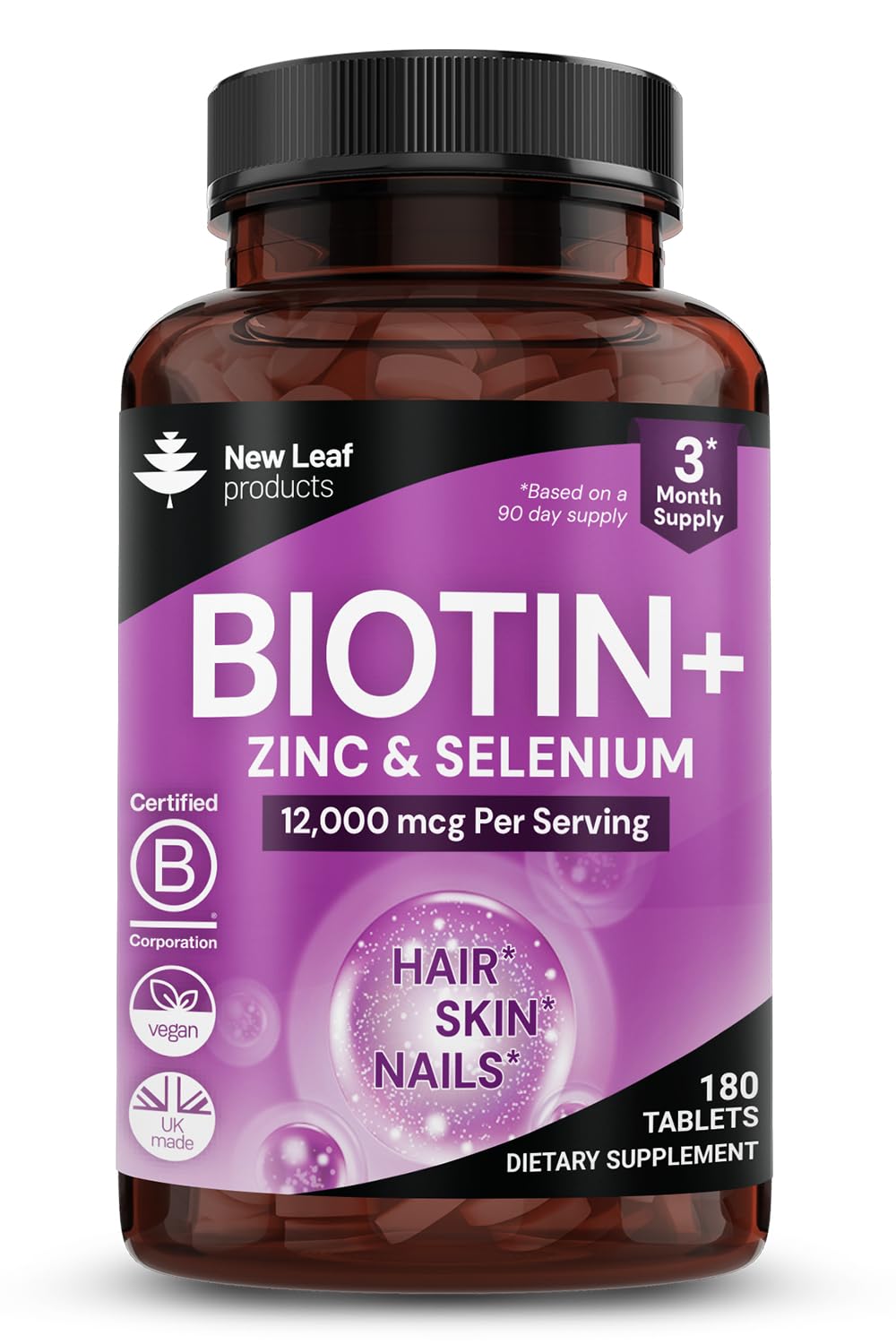 Biotin Hair Growth Vitamins 12000mcg High Strength with Coconut Oil - Promotes Healthy Hair Skin & Nails - Biotin Vitamins for Women& Men Vegan, Gluten Free Supplements - Made in The UK by New Leaf