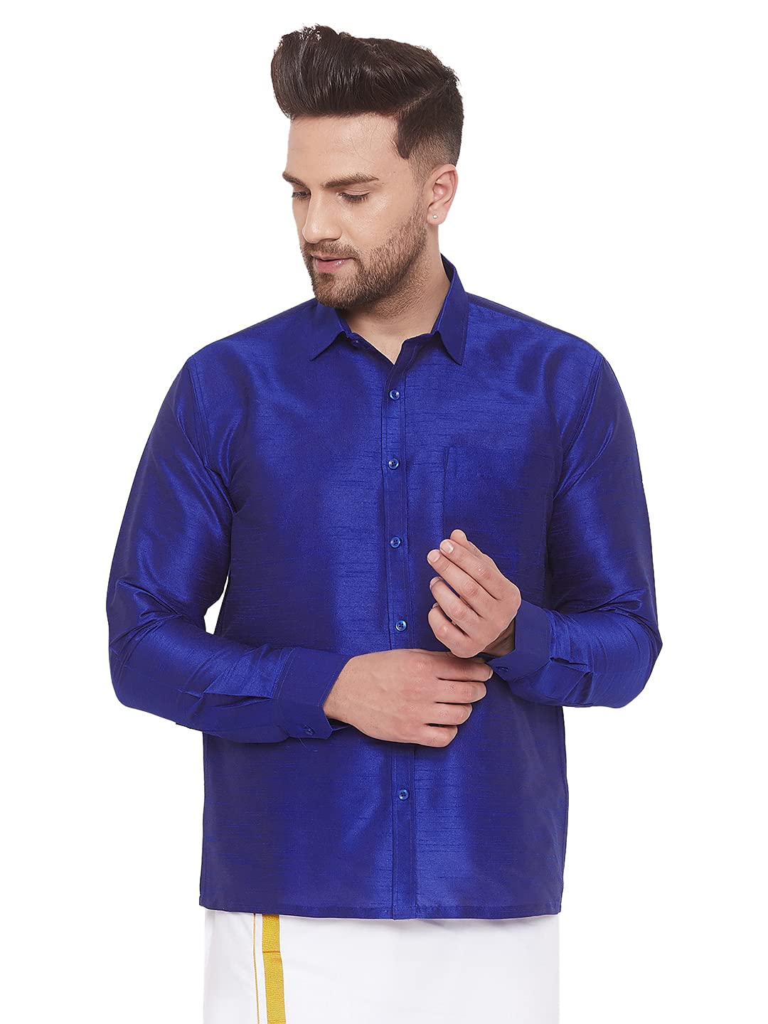VASTRAMAYMen's Silk Blend Ethnic Shirt | Full Sleeves South Indian Traditional Shirt | Festive, Wedding, Casual Wear