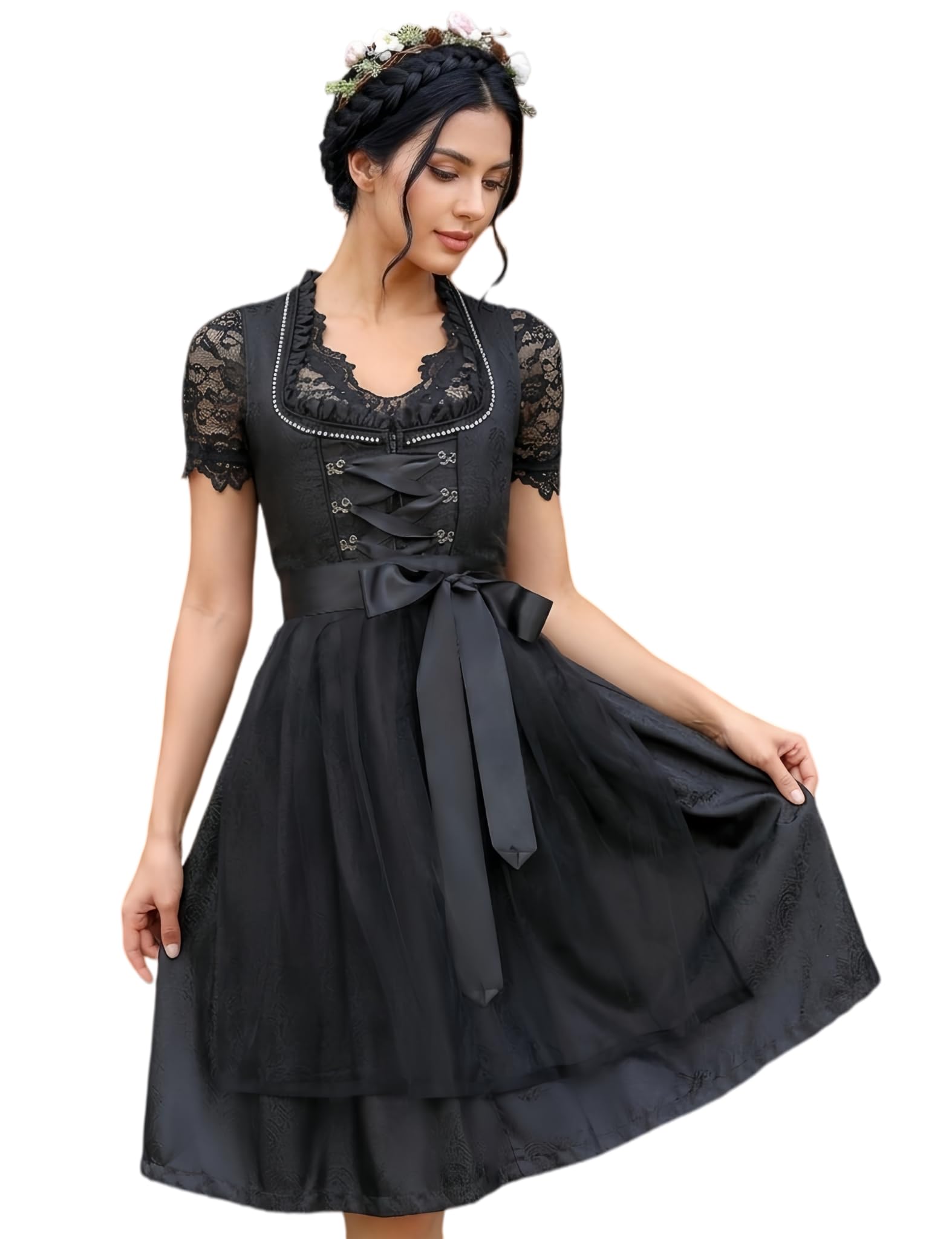 YesFashion Dirndl Damen 3 Teilig Midi Trachtenkleid mit Spitzenbluse & Schürze-Besticktes Outfit für Oktoberfest