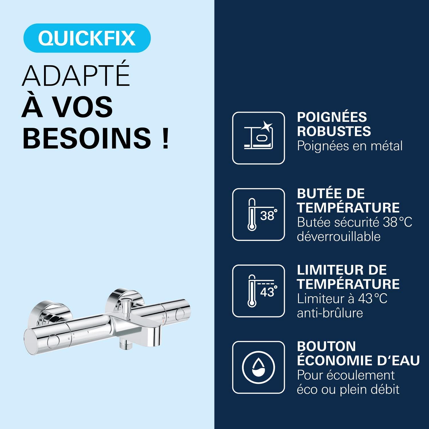 GROHE Mitigeur thermostatique bain douche Precision Get, montage mural, indicateur de température, filtres intégrés, poignées métalliques, rosaces incluses, chromé, 34774000 (Import Allemagne)