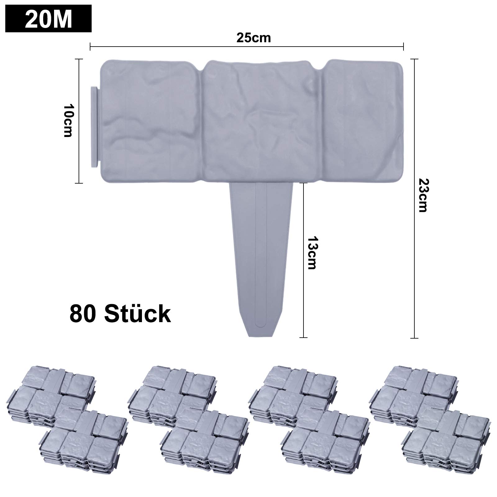 LARS360 szara palisada ogrodowa z wzorem kamienia, 20 m, obrzeże grządki, obrzeże trawnika, palisada ogrodowa z tworzywa sztucznego, 1 element, szer. x wys. x gł.: 25 x 23 x 1 cm