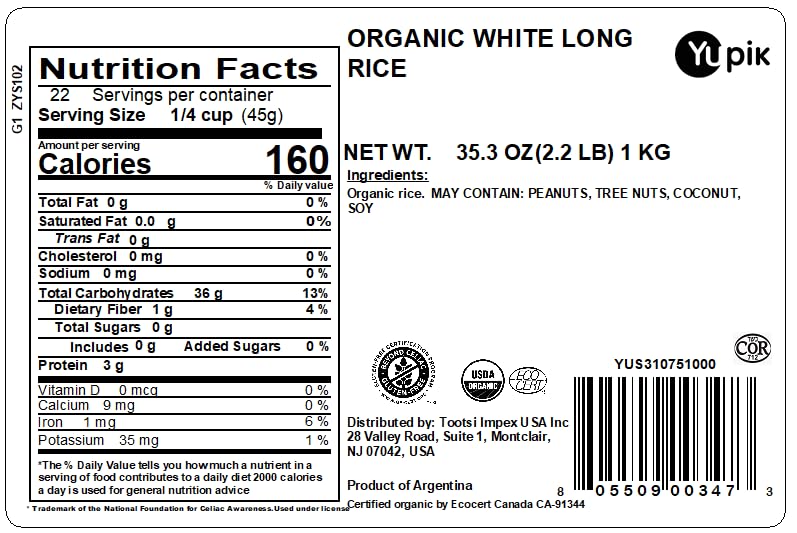 Miniatura 2 de Yupik Arroz blanco orgánico, granos largos, 2.2 libras (35.2 onzas), sin OMG, vegano, sin gluten, kosher, sin sal, fácil preparación, ideal para