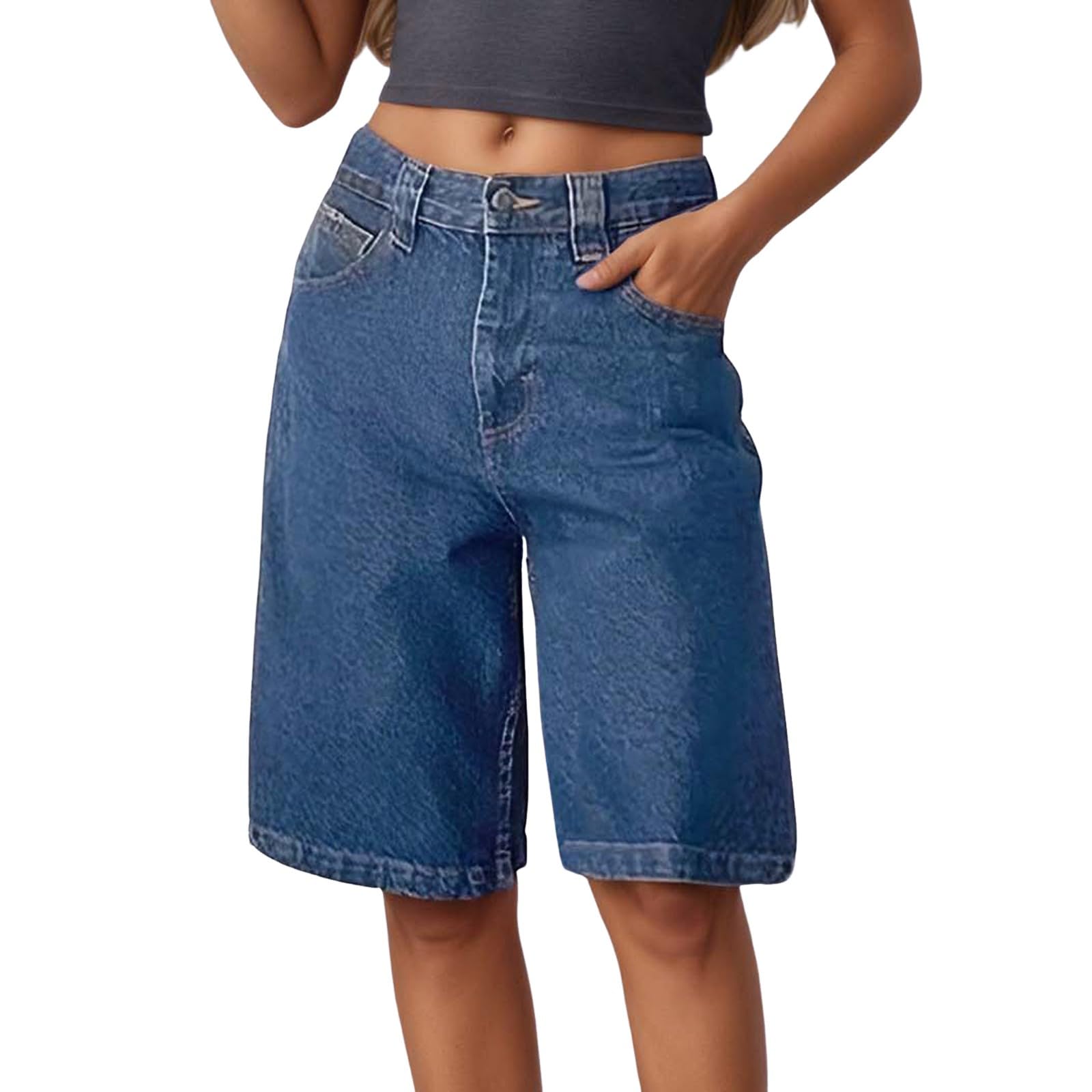 Generico Pantaloncini Sportivi Donna, Shorts Palestra Donna,Denim a Gamba Dritta Larghi Casual con Tasche Ginocchio Lungo Pantaloni Corti