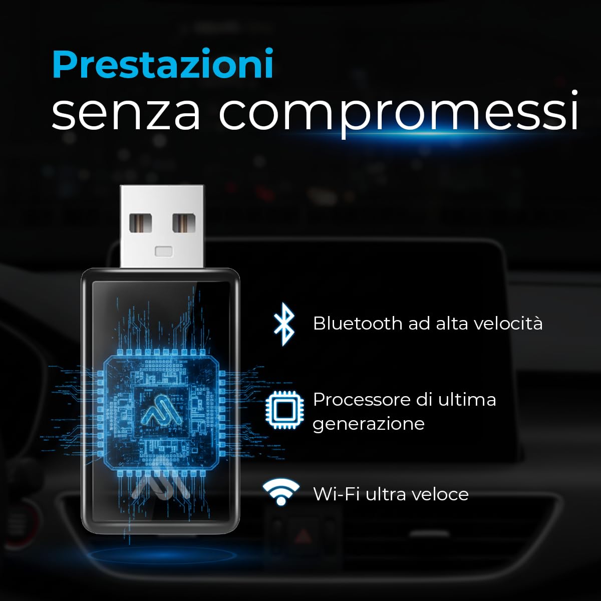 AutoSky Adattatore wireless CarPlay & Android Auto – Dongle USB senza fili per iPhone & Android | Plug & Play, connessione rapida