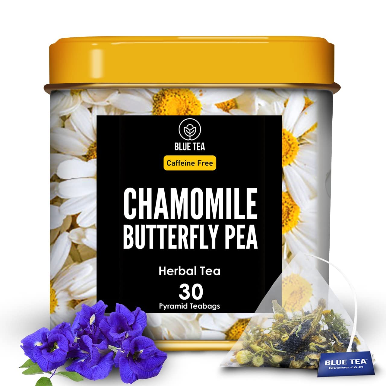 BLUE TEAChamomile Tea - Butterfly Pea Flower - 30 Count - Plant Based Tea Bag | CALMING & RELAXATION | Herbal Tea - Caffeine Free - Flower Based - Vegan - Non-GMO | Resuable Tin Packaging