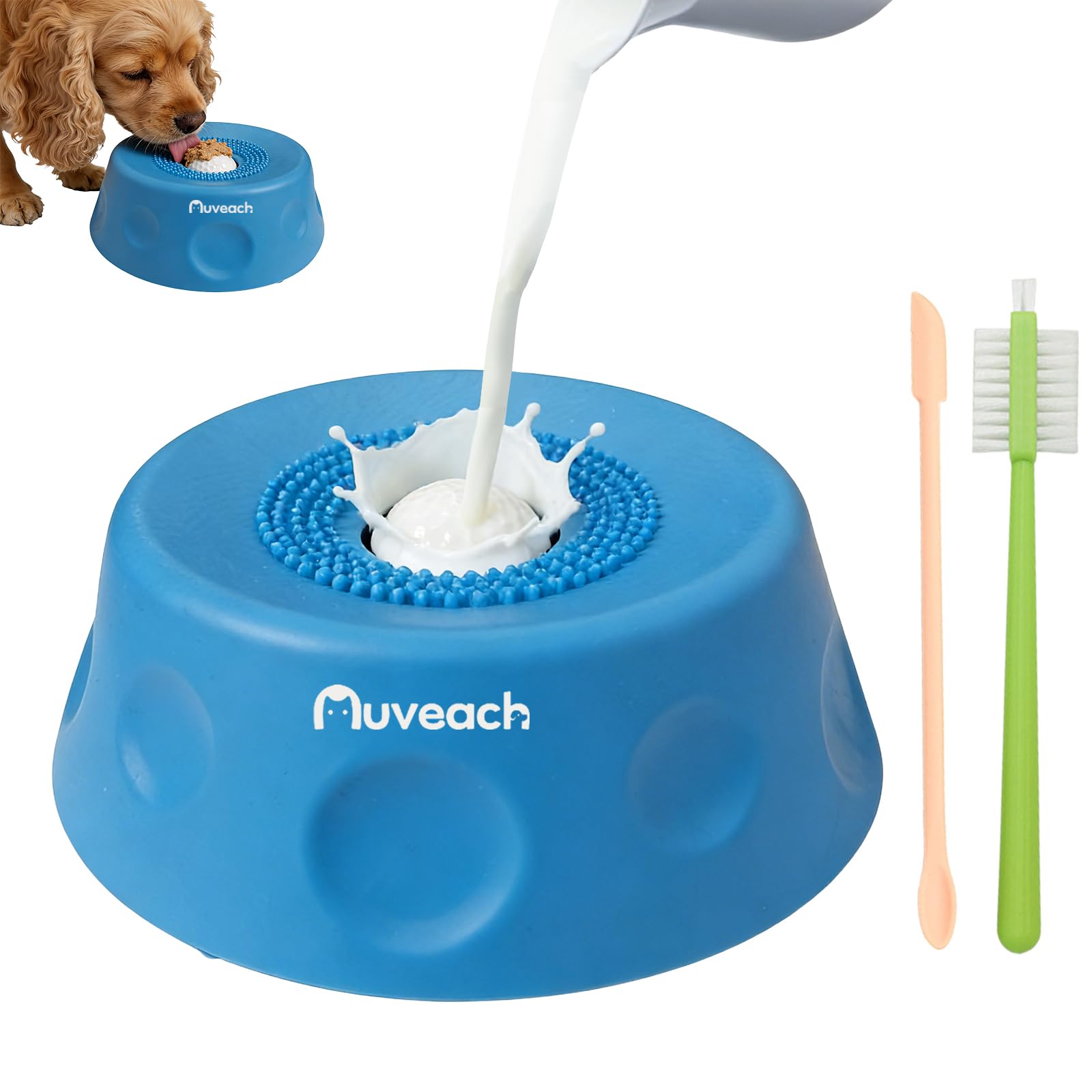 Auveach Dog Licking Bowl with Ball, 2026 Slow Feeder Dog Bowl with Cleaning Brush and Spatula for Liquid Treat Bone Broth Yogurt, Rolling Lick Toy for Small to Large Dogs, Anti-Slip Design (blue)