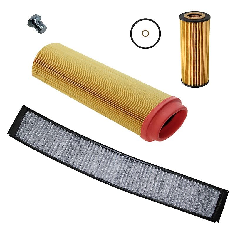 BESTPRICE Kit d'inspection Kit de filtration avec 1x filtre à air ; 1x filtre d'habitacle (filtre à pollen) avec charbon actif ; 1x filtre à huile ; 1x bouchon de vidange d'huile y compris joint d'ét