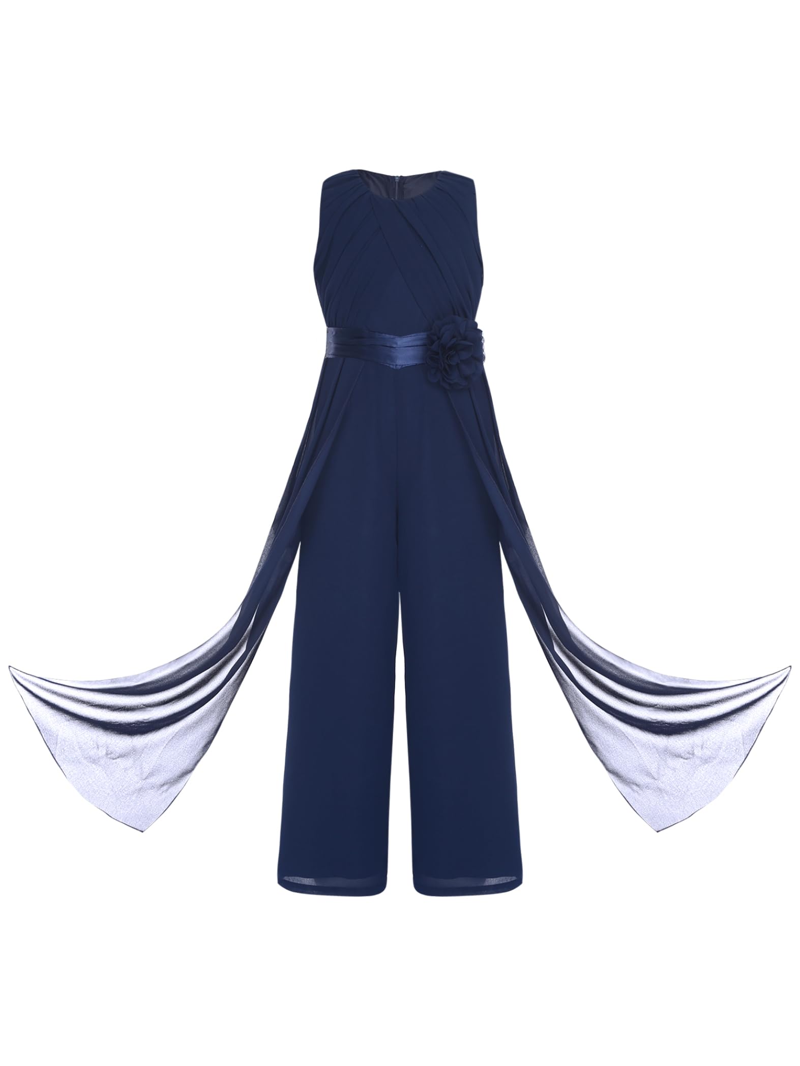 Mädchen Jumpsuit Festlich Overall Elegant Hosenanzug mit Blumen Taillengürtel Weites Bein Hose Festlich Hochzeit Geburtstag Party Outfits Marine Blau 146-152