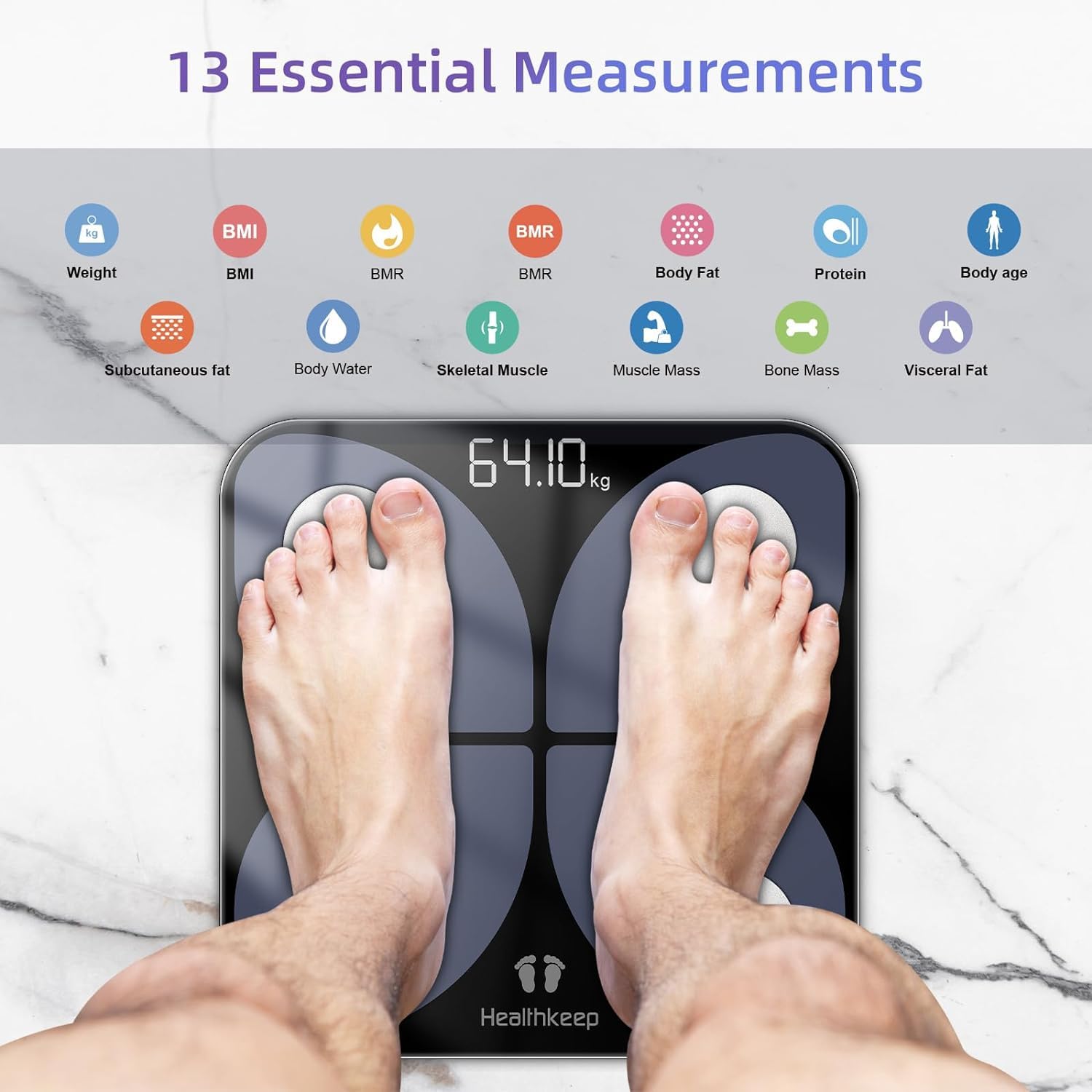 Báscula de grasa corporal, báscula digital con aplicación inteligente, báscula de análisis corporal con Bluetooth, para grasa corporal, IMC, masa muscular, proteínas, BMR, 26 cm x 26 cm