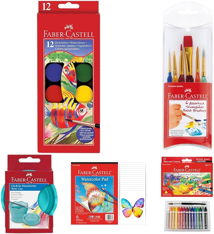 Faber-Castell Kids Watercolor Art Set: 12 Washable Colors, 15 Watercolor Crayons, 6 Brushes, 15-Sheet Paper Pad & Portable Water Cup