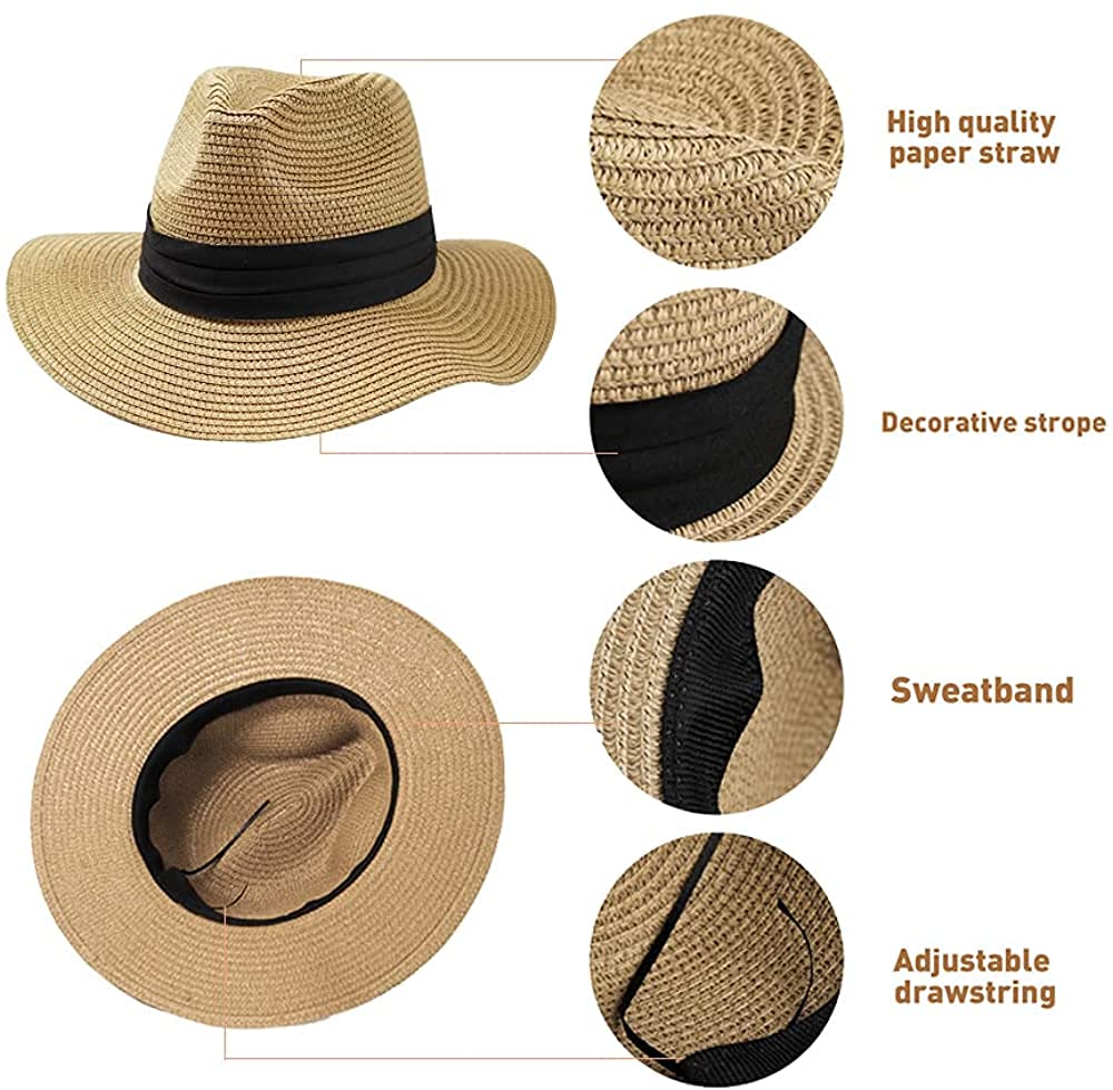 Chapeau de paille pour filles et garçons - Chapeau de soleil - Chapeau de soleil d'été à large bord - Fedora Panama pour enfants (5-9 ans)