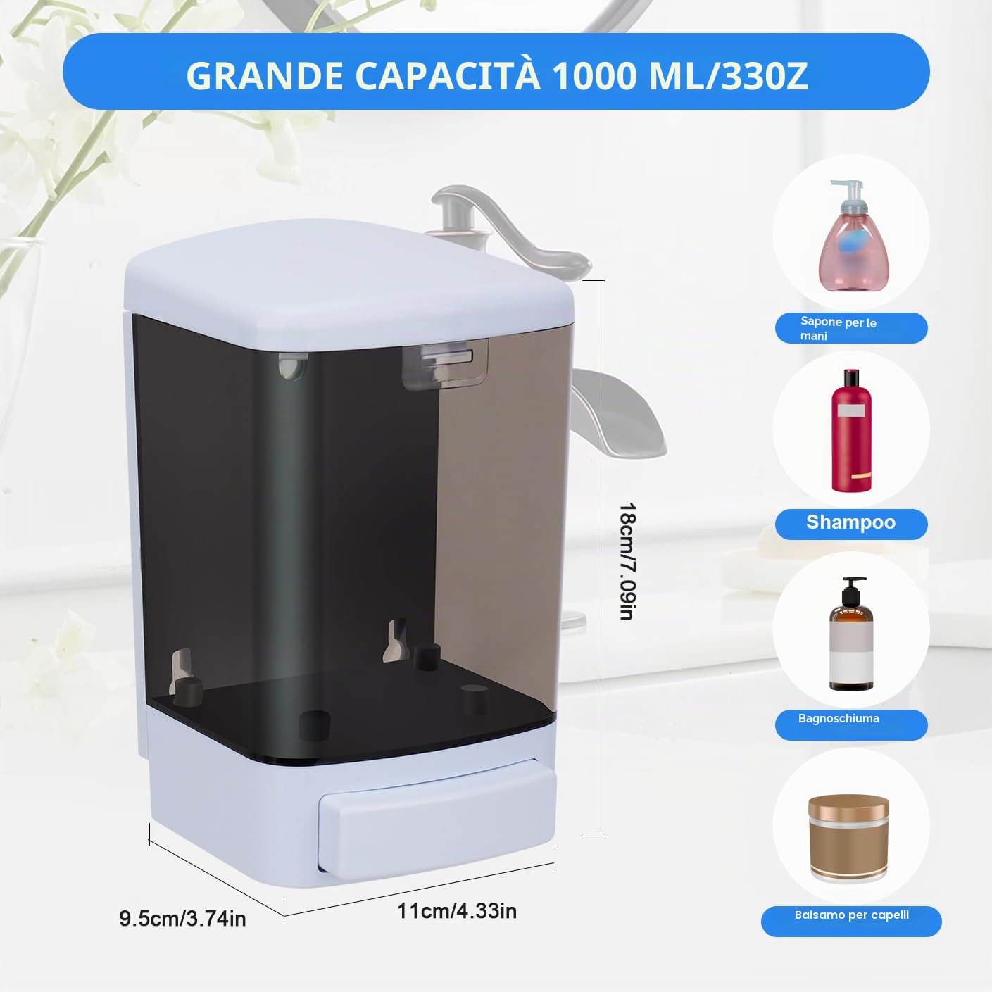 1000ML Dispenser di sapone manuale Condizionatore in plastica per shampoo a parete gel doccia dispenser camera pompa sapone per bagno o cucina